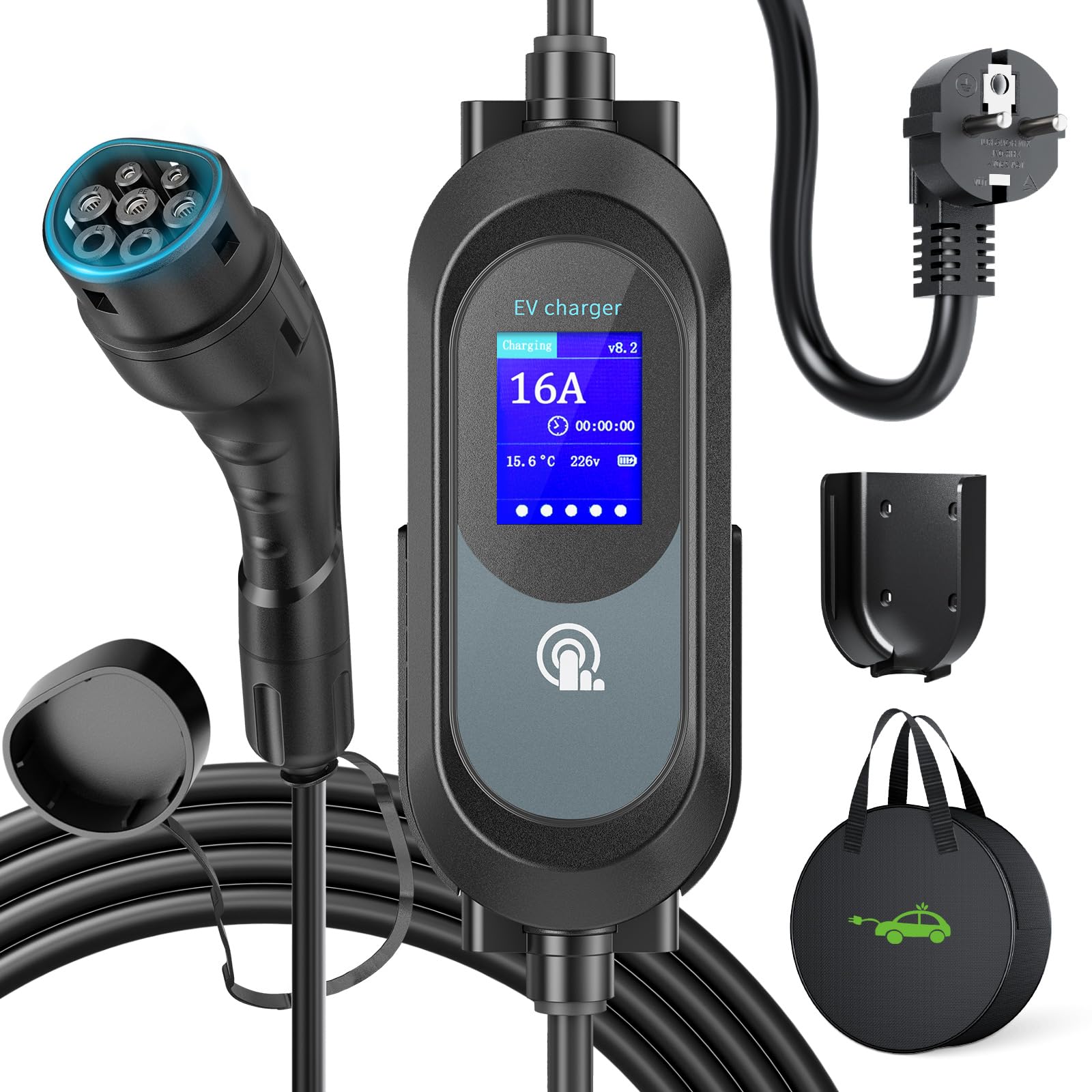 EVJUICION Electric Car Charger, 3.68KW | 8-16A | 0-12H | 6M Programmed Charger Type 2 with Large LED Display and Wall Bracket, Home Portability Electric Vehicle Charging Cable with Bag