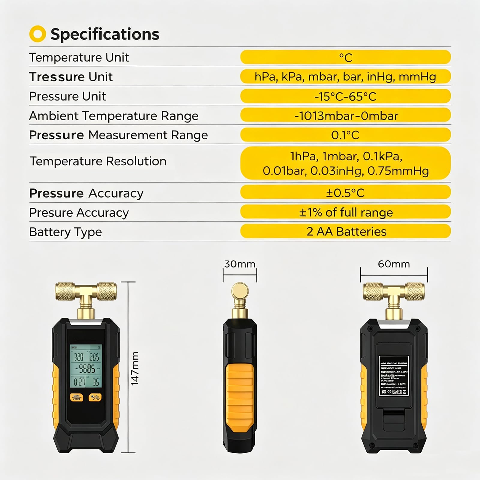 Vacuómetro Digital, Detector De Fugas De Calibración Automática, Con 6 Unidades Conmutables, Precisión ±0,1%, Pantalla Lcd Retroiluminada, Herramienta De Diagnóstico Hvac