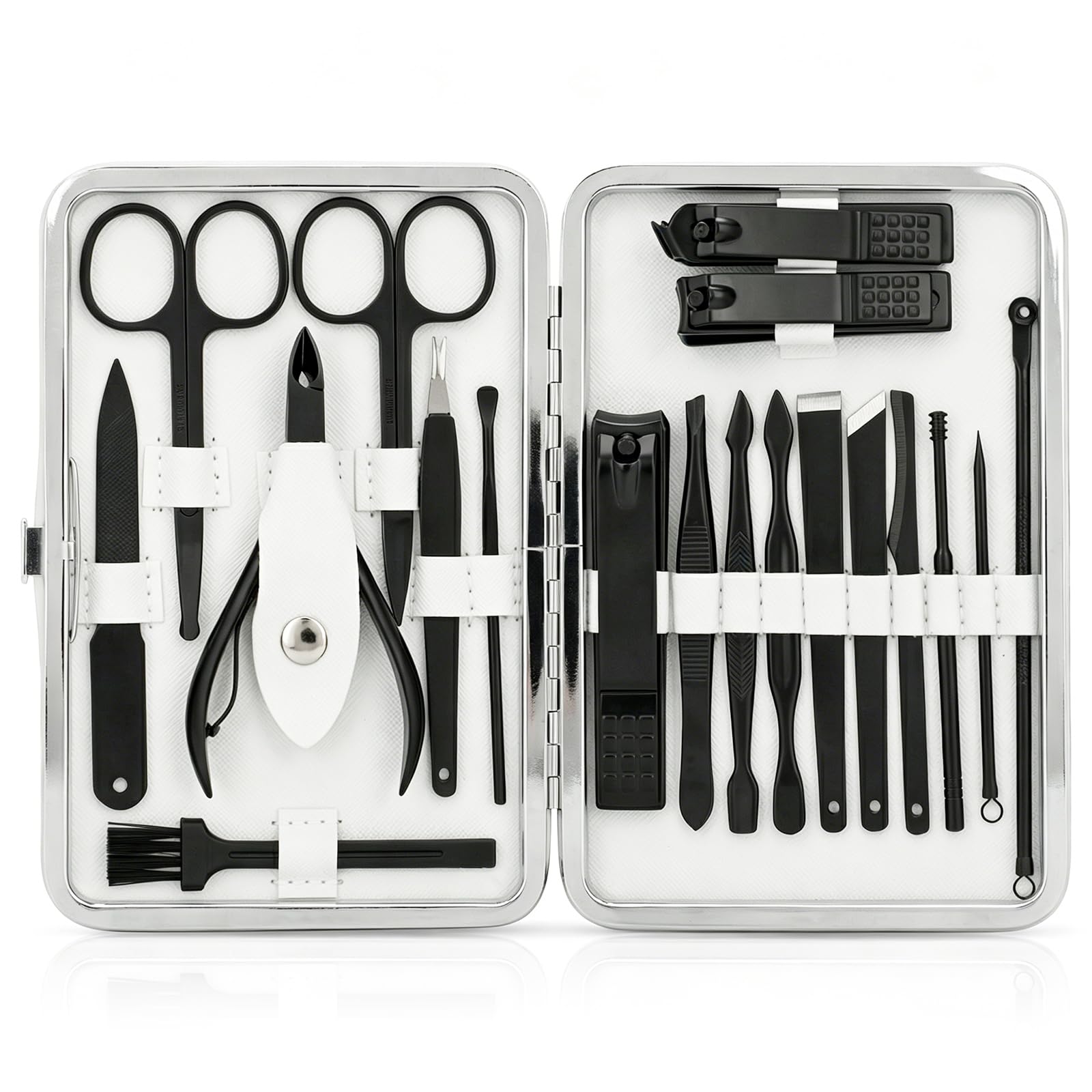 Manicure Set, Jubolion 19pcs Stainless Steel Professional Nail Clippers Pedicure Set with Black Leather Storage Case, Portable Grooming Kit for Travel or Home, Perfect Gifts for Women and Men (Black)