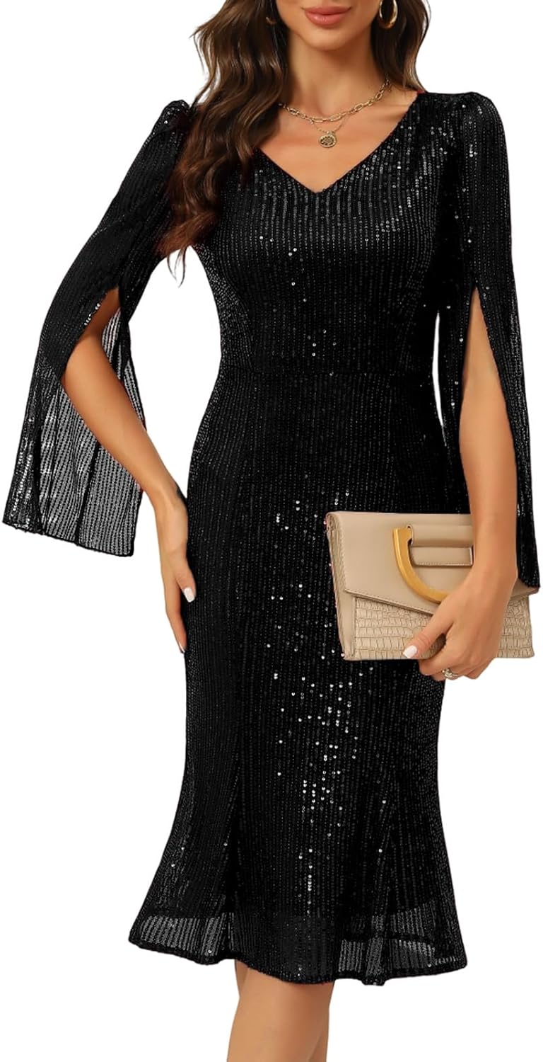 Sequin Cocktail Formal Dresses for Women,Weddings Guest Evening Party Gowns Slim Midi Fishtail Dress - Image 6