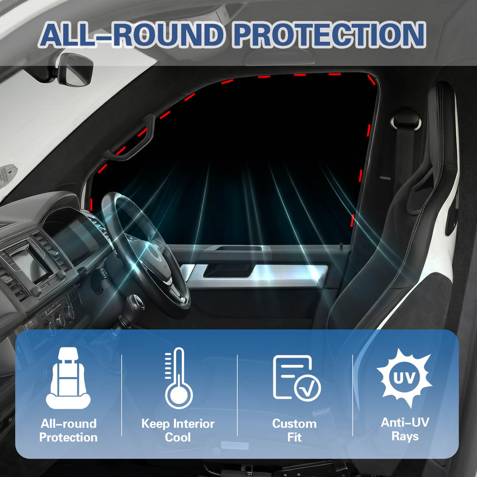 Set di 2 tappetini termici magnetici per interni per VW New Transporter (2024-2026) e Ford Transit Custom (dal 2023), parasole e protezione dal calore