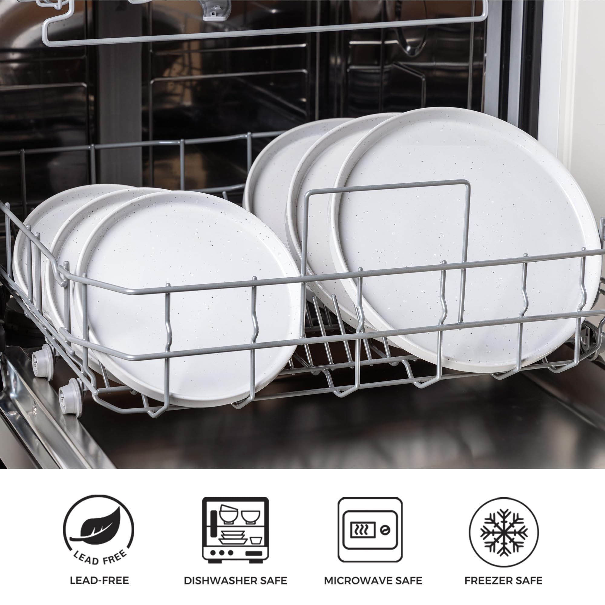 AmorArc Juego de 6 platos de cerámica moteados de 10.25 pulgadas con parte inferior de terracota rústica pintada a mano, juego de vajilla moderno para cocina, microondas y lavavajillas, color blanco