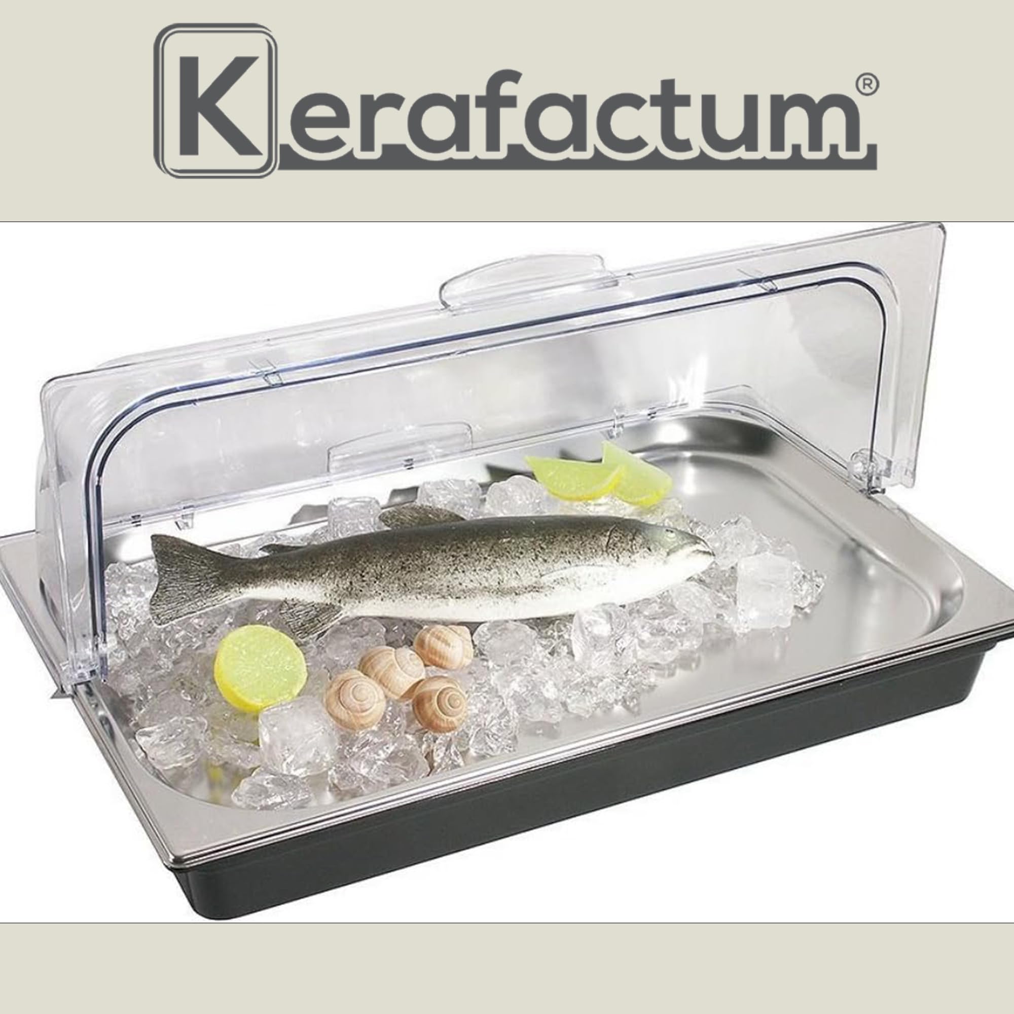 Kerafactum Placa de refrigeración con campana y 4 acumuladores de frío, bandeja para servir con asa, sistema de refrigeración de bufet, sistema de refrigeración GN 1/1, bandeja de acero inoxidable con