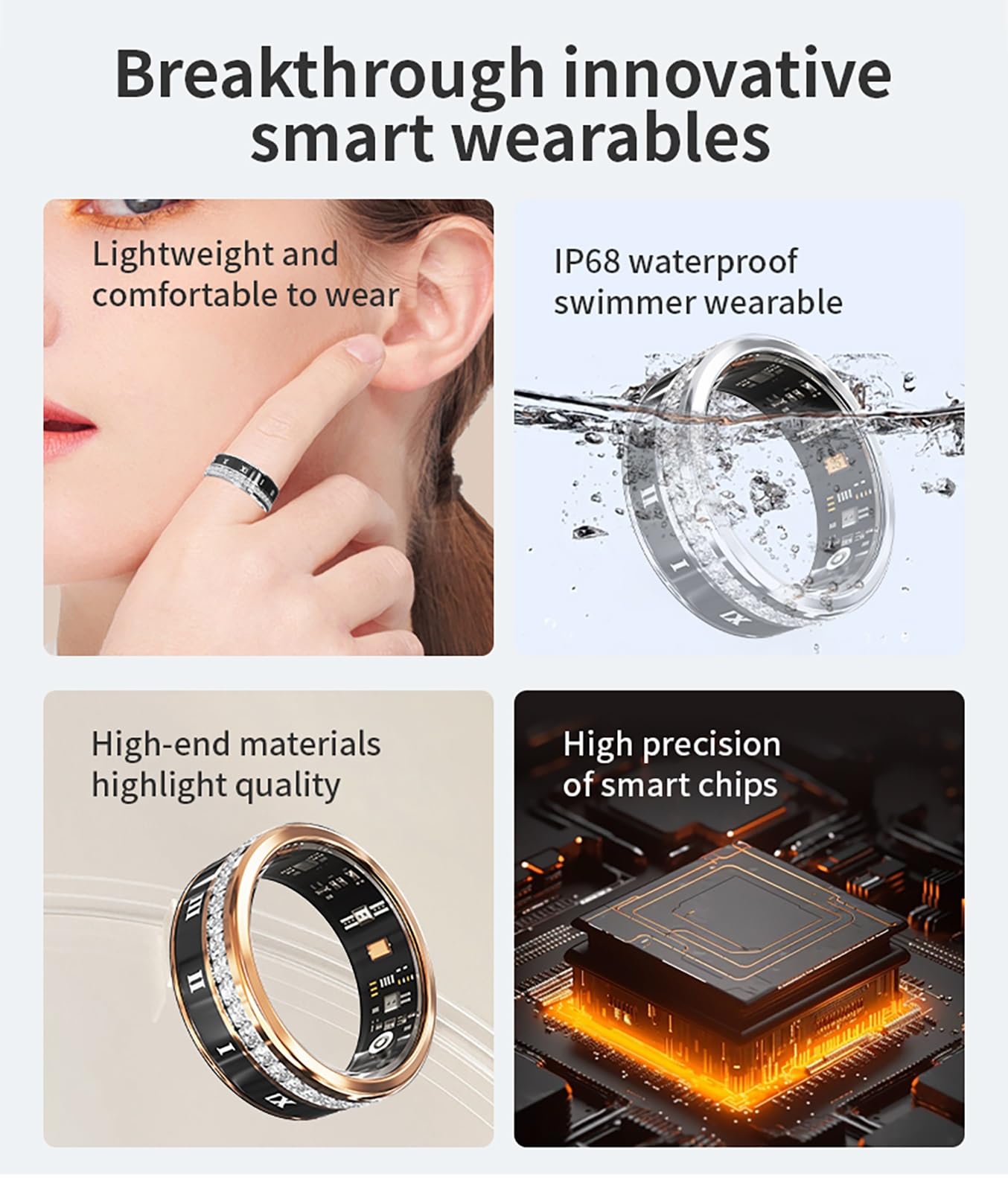 Smart Ring - Or rose - Taille 10 - Fréquence cardiaque - Cycle menstruel - Moniteur de