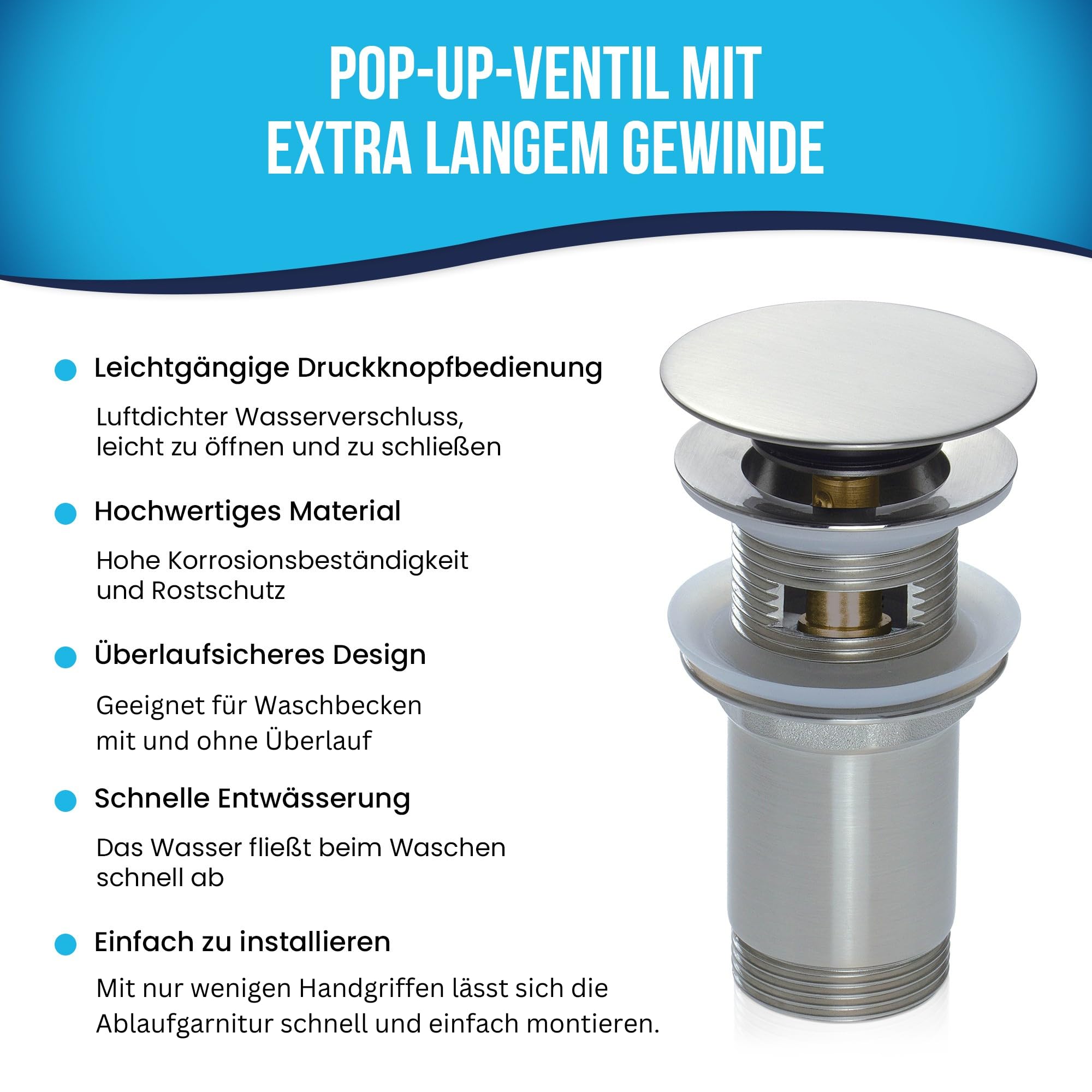 Ablaufgarnitur für Waschbecken mit und ohne Überlauf + Teleskop Siphon für platzsparendes Waschbecken | Click-Clack Ventil mit extra großem 68 mm Durchmesser | Pop Up Ablaufventil | Schwarz+Siphon