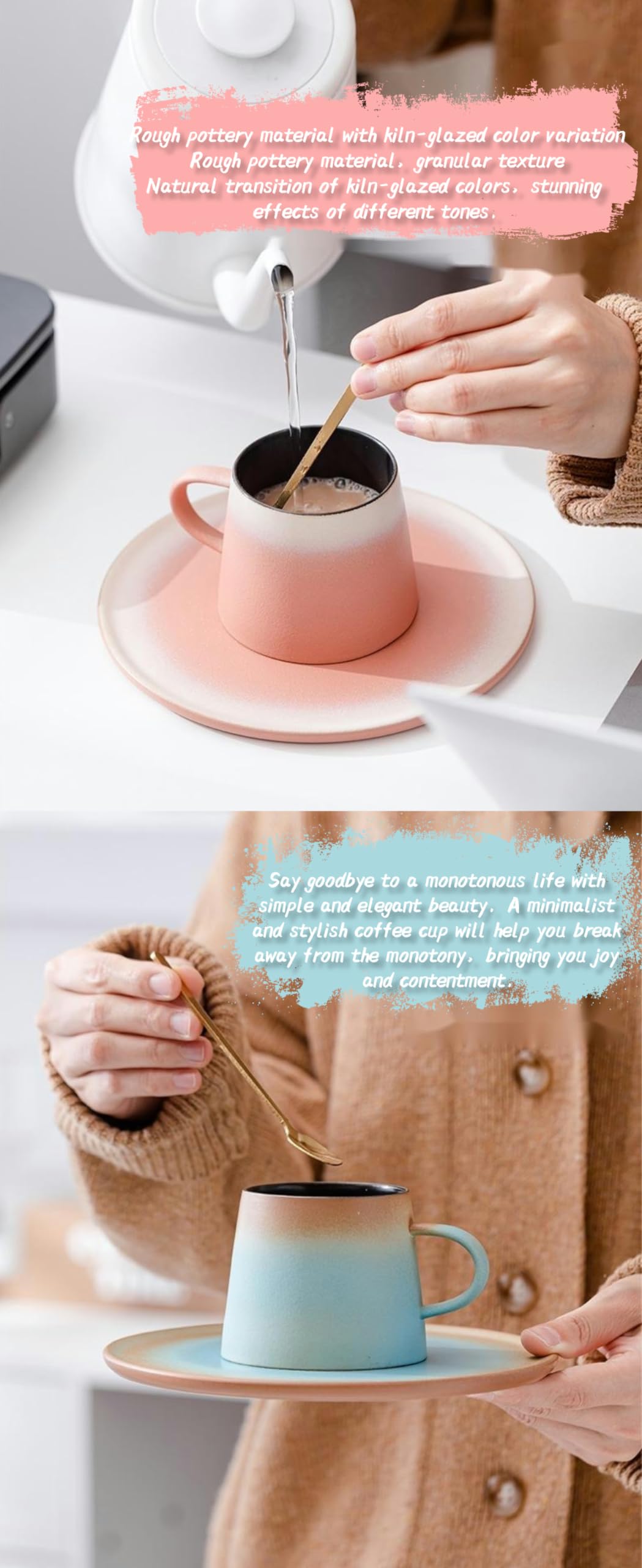 KOOLASA Ceramic Coffee Mug Sets Tea Cup with Spoon Saucer Cup and Saucer Sets 200ml Gradient Color, A8(200ml) - Image 4