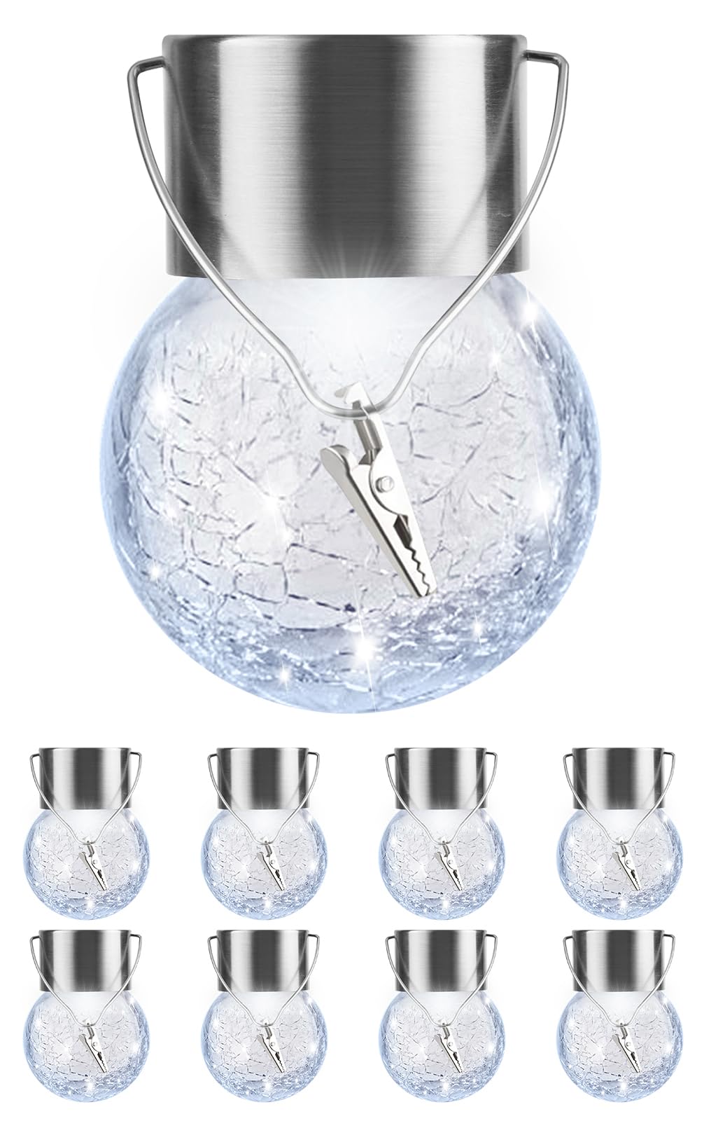 Solar Lights Outdoor Hanging Decorative Globe 8 Pack, Waterproof Solar Lantern with Handle and Clip, Solar Powered Glass Ball Lights for Garden Yard Fence Tree Umbrella Holiday Décor, Cold White