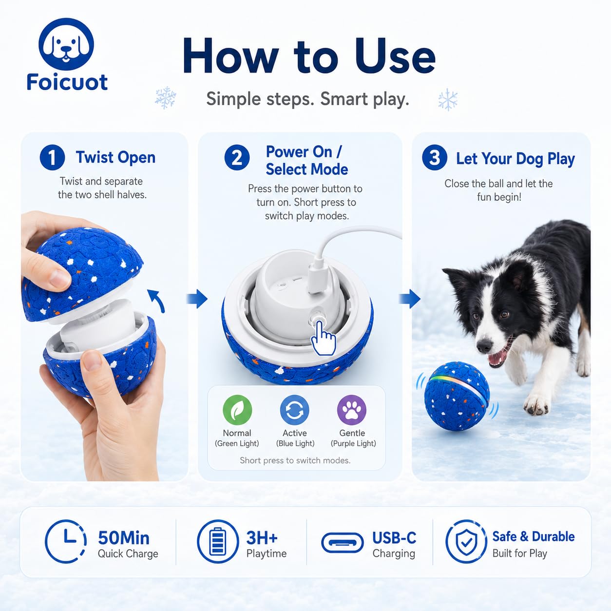 Juguete interactivo de pelota para perros [recién actualizado], material duradero de E-TPU, 3 modos de juego con luces coloridas, E-TPU USB-C recargable, clasificación de impermeabilidad IPX7