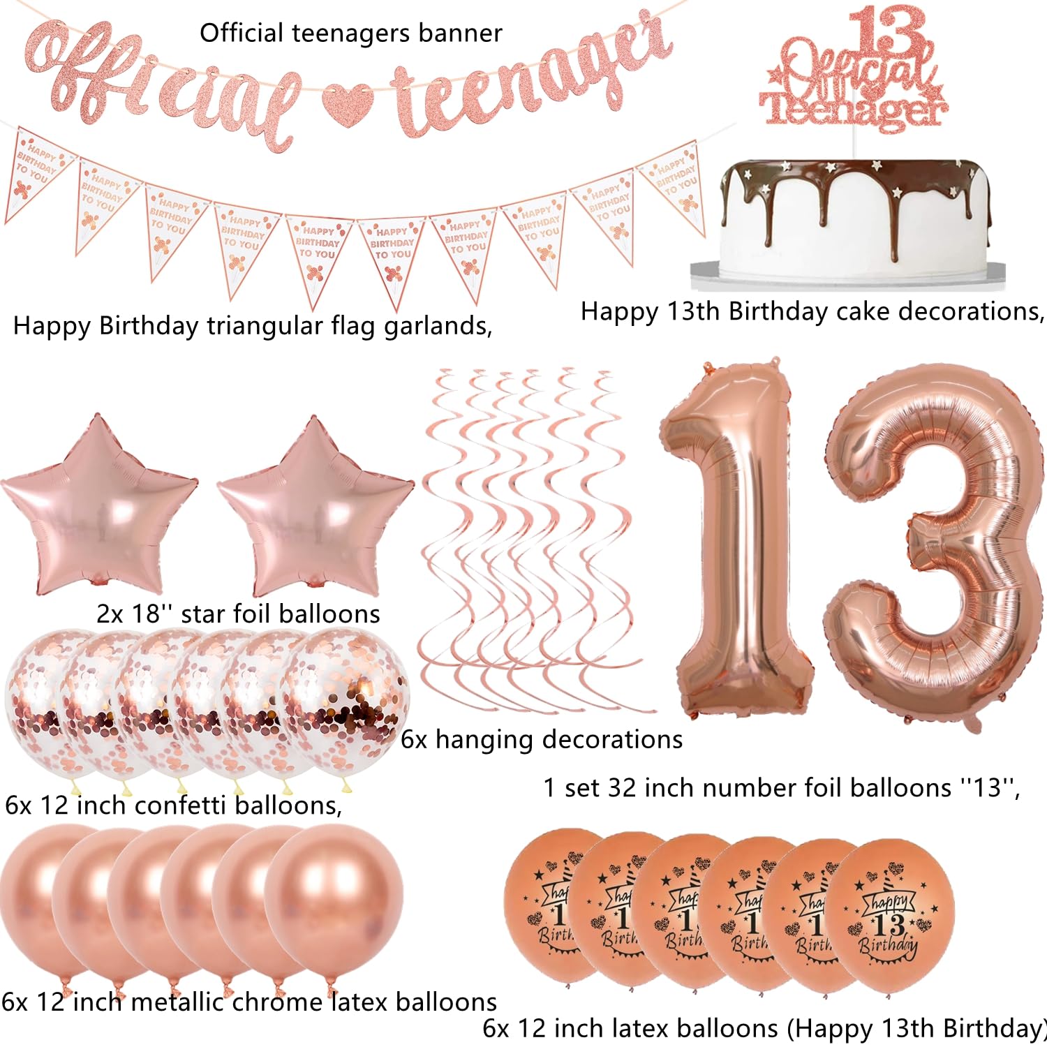 Ouceanwin Decorazioni Compleanno 13 anni Ragazza, Palloncino 13 anni Compleanno Oro Nero Striscione di Compleanno Festa Decorazioni, Decorazioni 13 Compleanno Addobbi per Ragazzo Ragazza