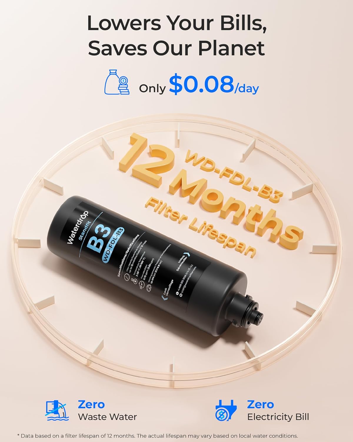 Waterdrop FDL-B3 Replacement Water Filter, Replacement for Waterdrop DLB Under Sink Water Filter, Under Sink Water Filtration System