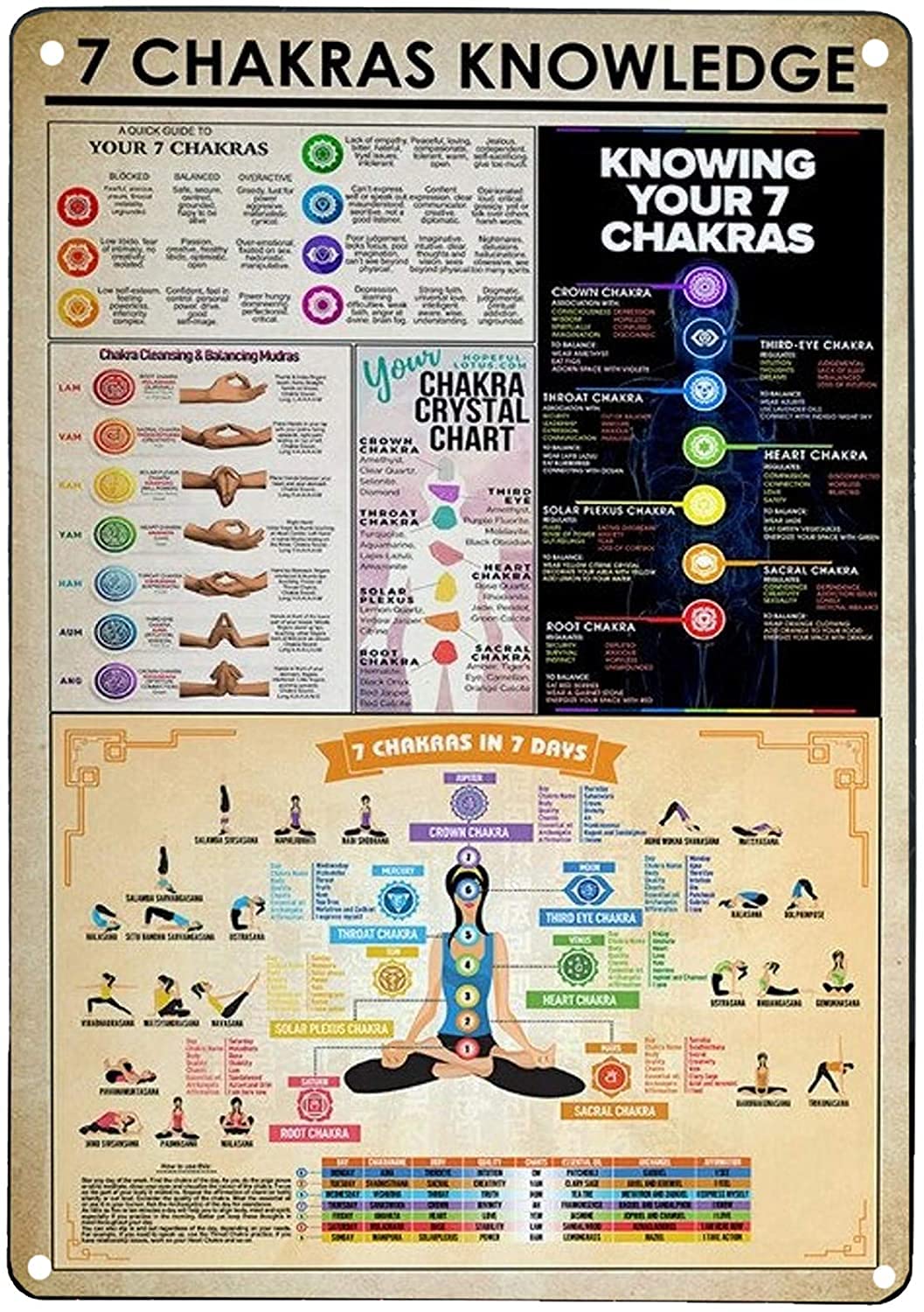 Lsjuee Wall Decor Aluminum Metal Knowledge Signs 7 Chakras Yoga Knowledge Guide to The Chakras Poster Seven Chakras Poster 12x8 inch
