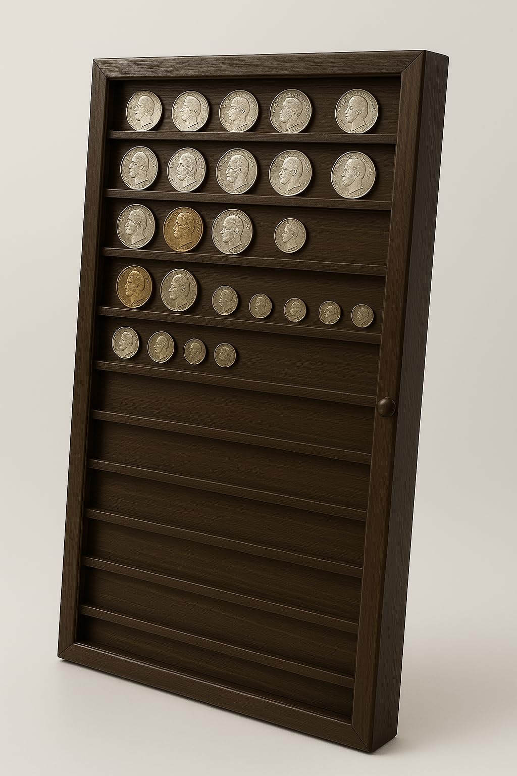 greca Display Case Collections Coins Walnut Varnish Finish Ideal Display Your Collection (50 x 5 x 70 cm)