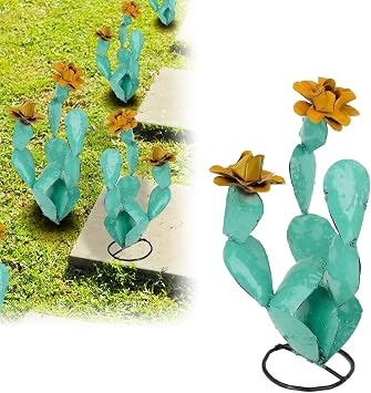 Metal Cactus Outdoor Decor - Iron Cactu Yard Art - Metal Plants Statue for Outdoors - Fake Cactus Rustic Artificial Cactus Sculpture for Garden Lawn Patio Balcony Backyard Decor 11.8" Green