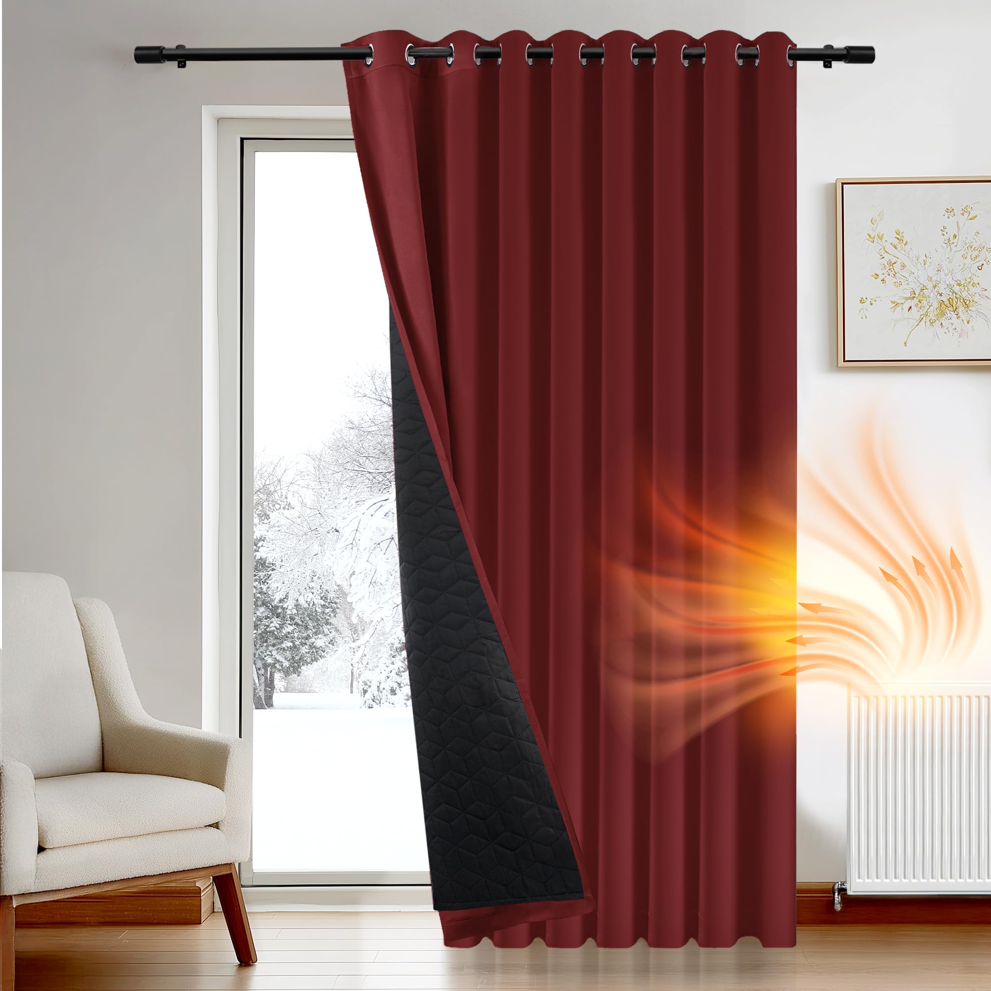 Deconovo Thermal Curtain for Door, Extra Wide Window Panel with Thick Microfiber Quilted Lining, Eyelet Blackout Curtain for Bedroom, W 110" x L 96", Red, 1 Panel โ image 1