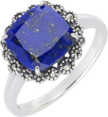 Gemondo USA 925 Sterling Silver Square Cushion Lapis Lazuli & Marcasite Classic Ring