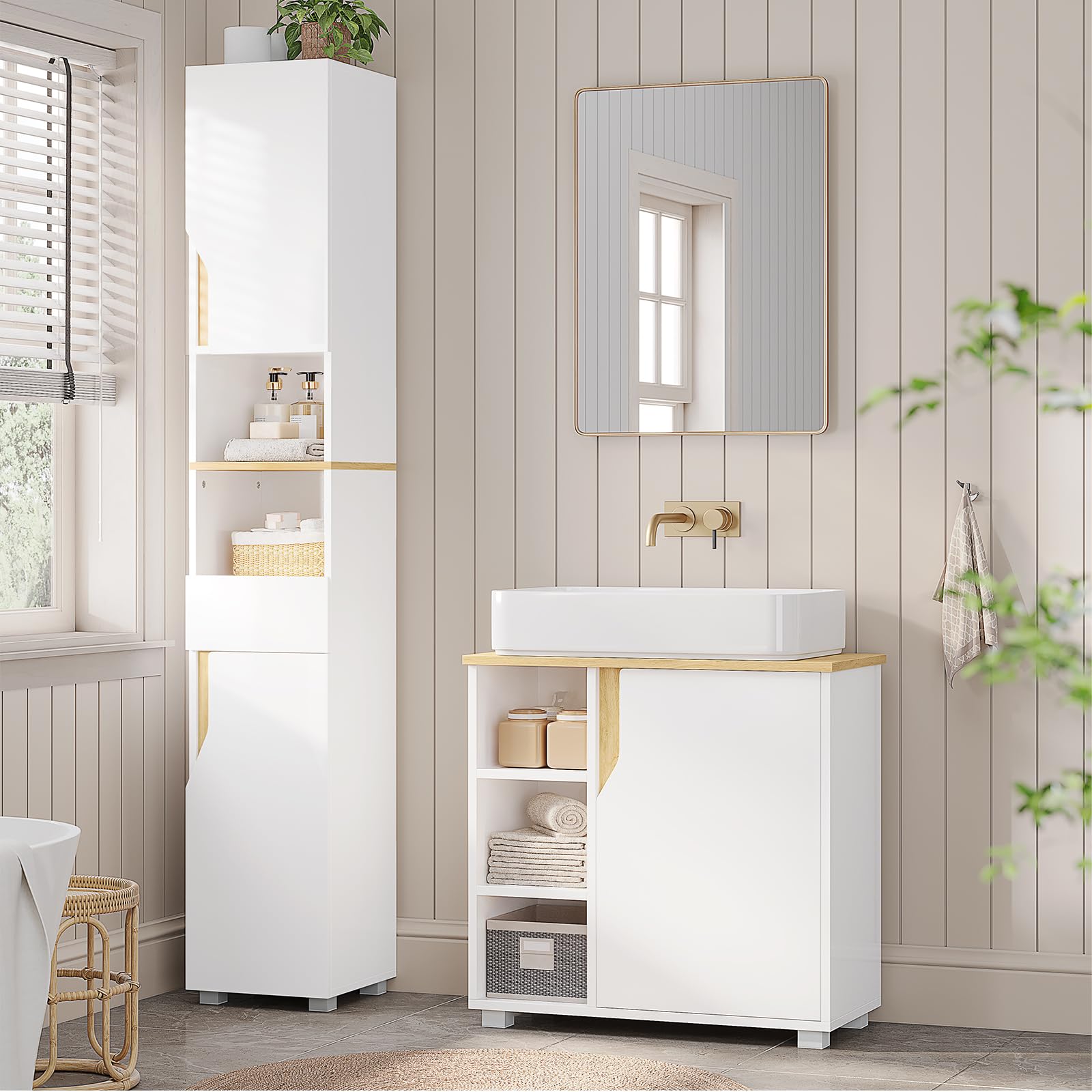 Meuble sous Lavabo Salle de Bain, Meuble Salle de Bain avec Étagère Réglable, Compartiments Fermés, 3 Étagères Ouvertes, 4 Pieds en Bois, Armoire de Rangement pour Vasque, 60x30x60cm, Blanc