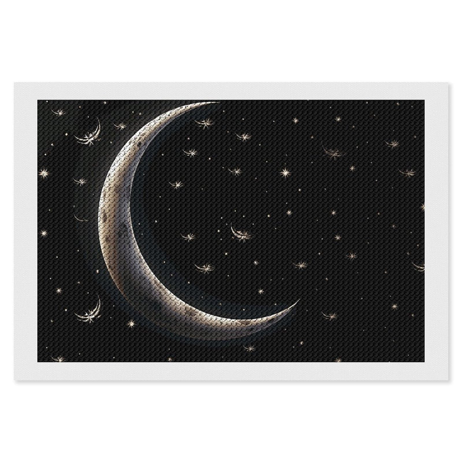 Crescent Moon on Black Background Diamond Art Kits for Adults, DIY 5D Diamonds Painting Kits for Beginner, Round Full Drill Diamond Dots Painting, 8"x12" Diamonds Pictures Gem Art And Crafts Wall Deco