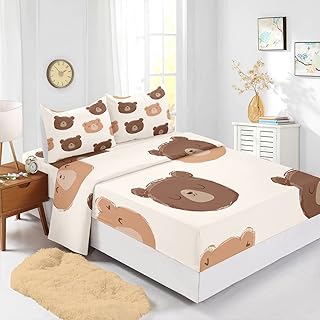 CVHouse Kawaii Bed Sheets Sets Twin Size,Cartoon Cute Bear Bedding Sets for Girls Kids Teens,Cute Bear Fitted Sheet Sets,1 Flat Sheet & 1 Fitted Sheet with 2 Pillow Cases - 4 Pieces