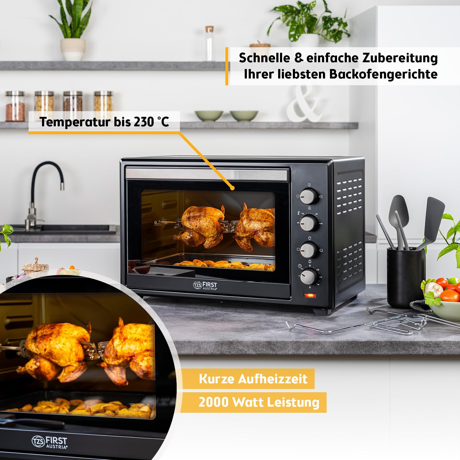 TZS First Austria - Minibackofen 60L 2000W - Mini Backofen Pizzaofen Temperaturregelung bis 230°C & 6 Modi - Geräumiger Miniofen mit 60 Min. Timer, 4 Einschubhöhen, Backblech, Grillrost & Drehspieß