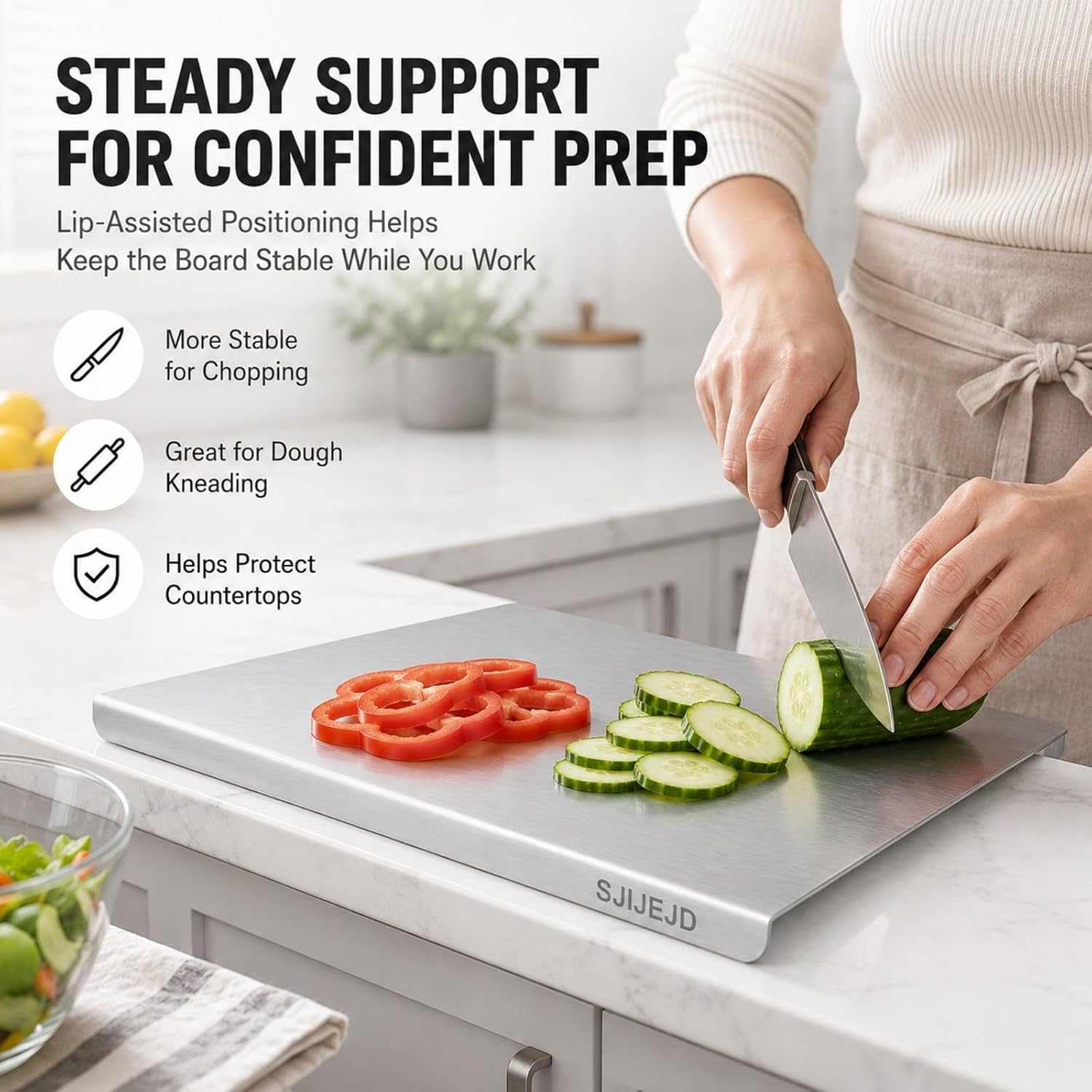 Stainless Steel Kitchen Countertop Cutting Board with Lip, Food Prep Suitable for Meats Veggies Baking, Bread and Fruits Large-Sized Non‑slip Edge Protects Countertops Easy to Rinse (11.8" x 15.7")