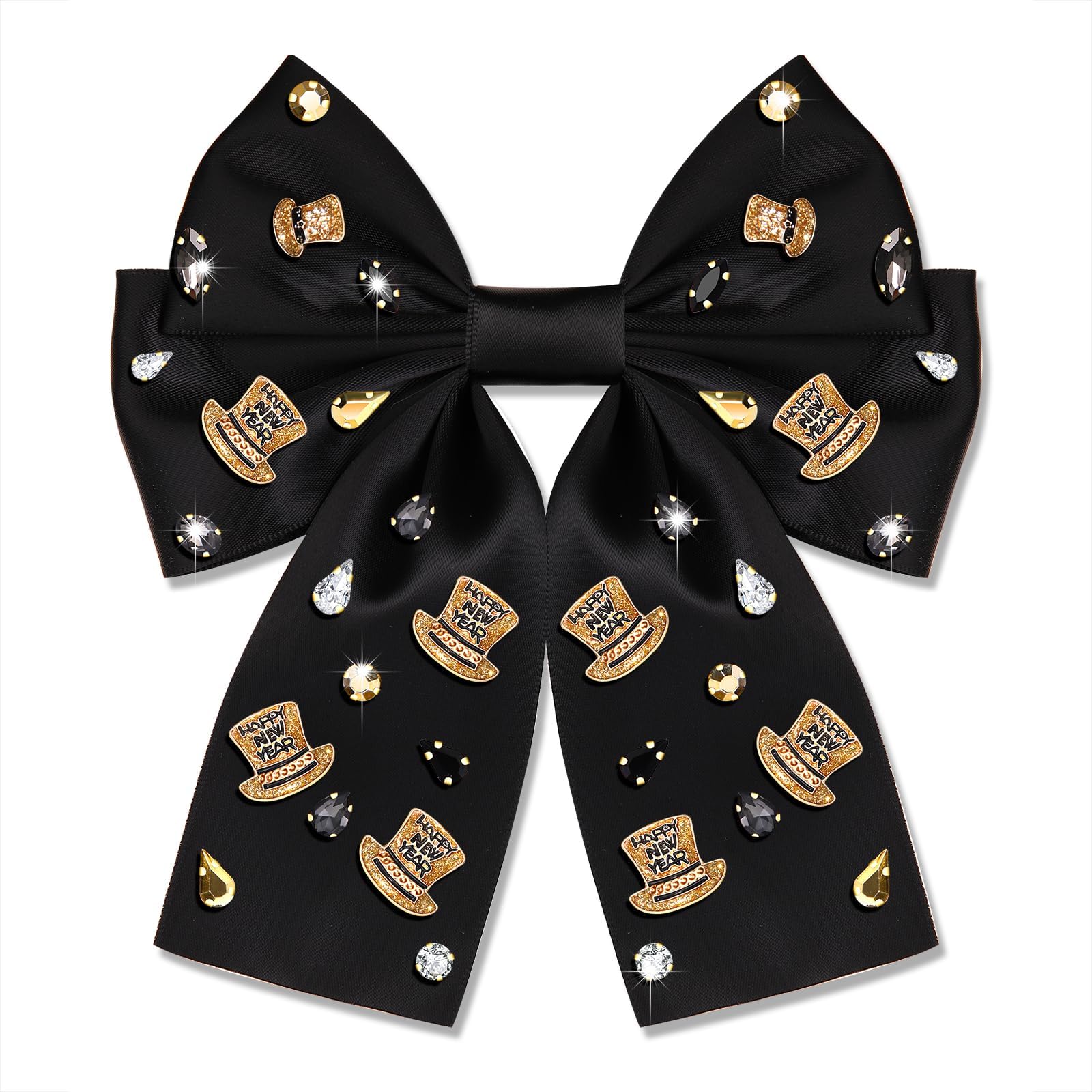 Happy New Year Hair Bows for Women, New Year’s Eve Hair Clips, Glitter Star Clock Champagne Hair Bows, Jeweled Rhinestone Black Bow Hair Ribbons New