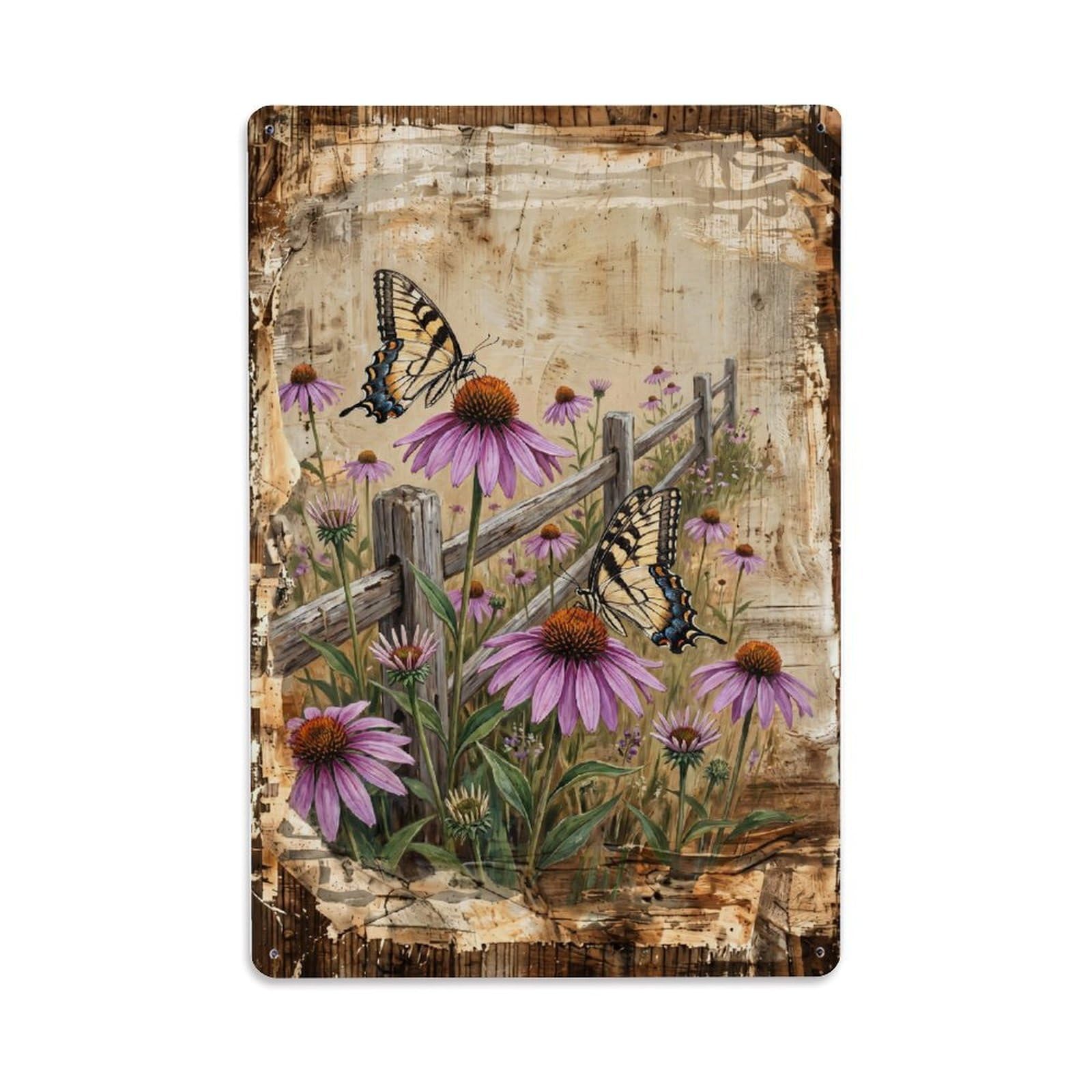 Coneflower Garden Purple Flowers Countryside Meadow Metal Tin Sign Plaque Wall Decor for Cafe, Club Bar, Office, Home Garden Metal Poster 8x12Inch