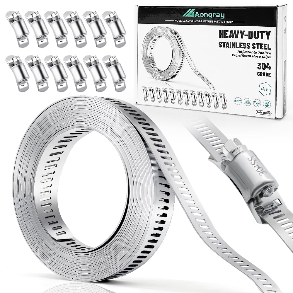 Aongray Schlauchklemme, 3,5 m, verstellbare Schlauchschellen aus Metall + 12 Befestigungselemente, Schneckengetriebebandschellen für Rohr, Sanitär, Kraftstoffleitung, Ladeluftkühlerrohr