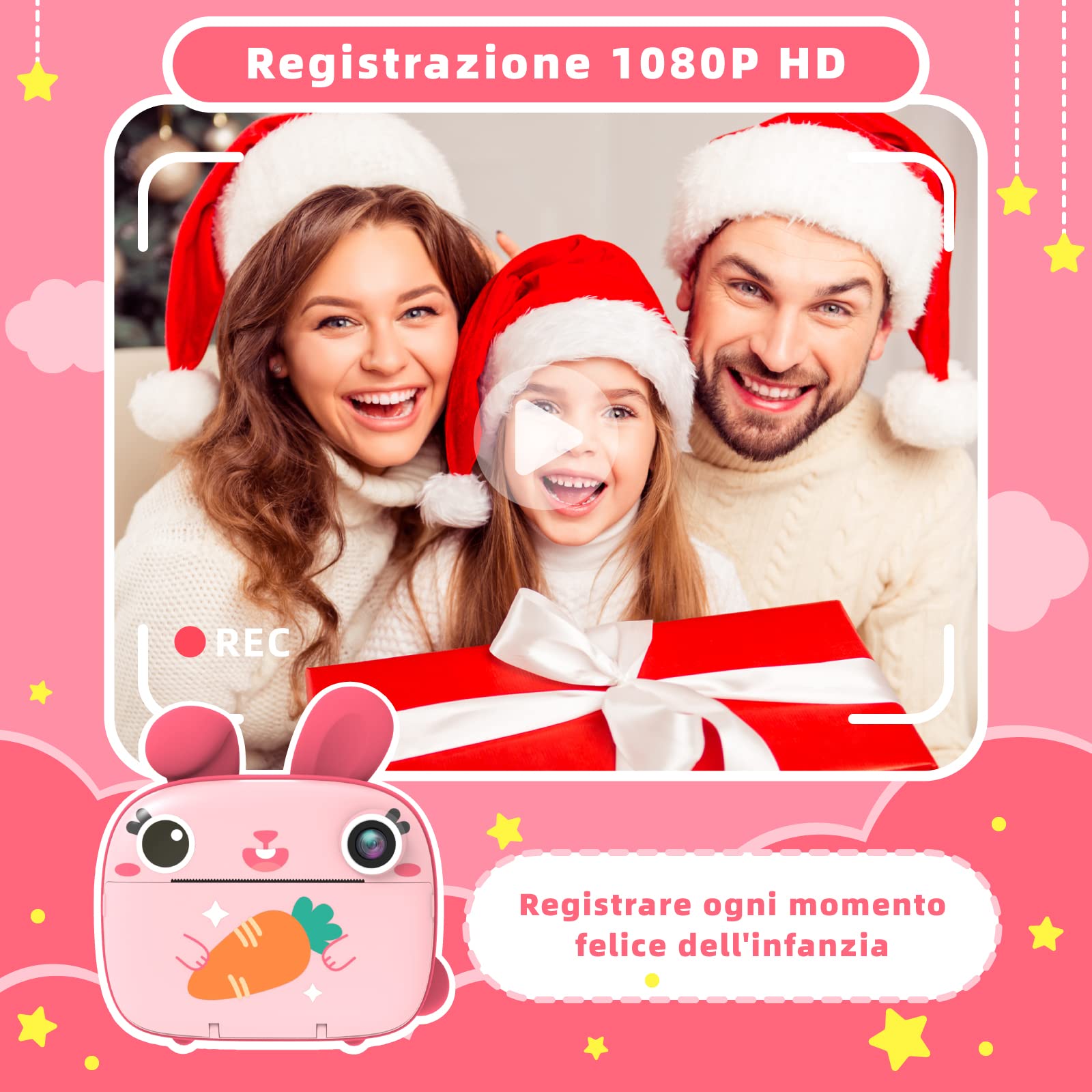 CAMCLID Macchina Fotografica Bambini Istantanea, 20MP/1080P HD Fotocamera Bambini con Carta da Stampa e 32G Scheda, Fotocamera Digitale Stampa Istantanea, Regalo per Bambini dai 3-12 Anni (Pink)