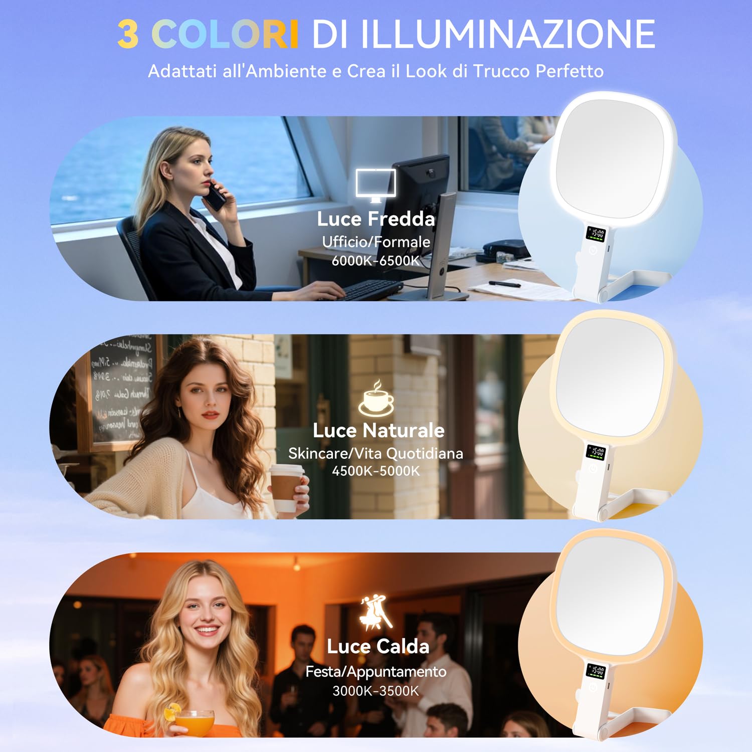 Auxmir Specchio Ingranditore Bifacciale 30X/1X Visualizza Tempo Intelligente, Specchio Trucco con Luci LED a 3 Colori Regolabile, Specchio da Tavolo Pieghevole a Mano e Appeso, Ricaricabile da Viaggio