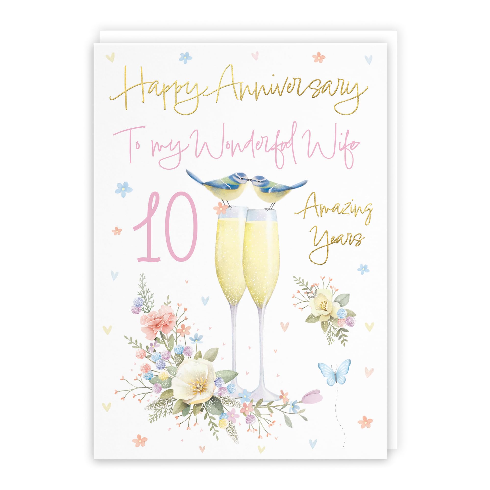 Hunts England, Wife 10th Anniversary Card, A5 Size, Champagne Flutes, Gold Foil, 10th Anniversary Card For Wife, Ten Years