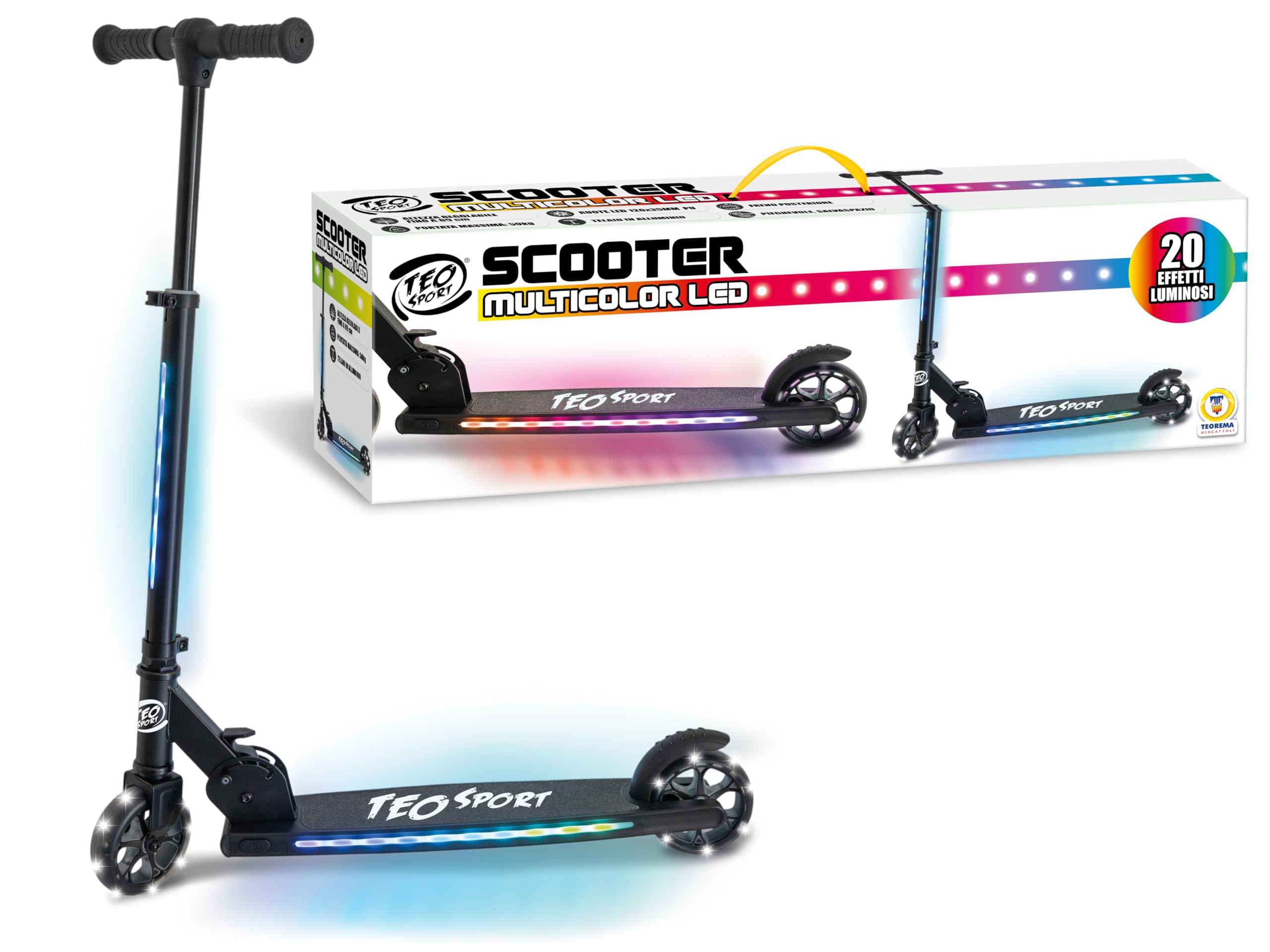 Teo Sport - Patinete de 2 Ruedas Plegable, de Aluminio, para niños con Luces LED, Altura Ajustable, 20 Efectos Luminosos, Scooter de 2 Ruedas, para niños y niñas a Partir de 5 años, soporta un máximo