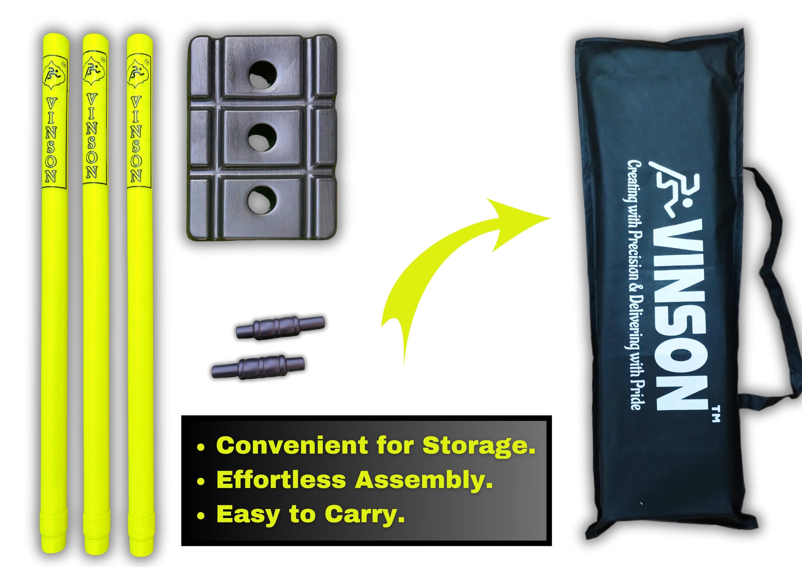 Vinson Senior Heavy Duty Cricket Stumps Set with Zipper Carry Bag for Kids & Adults, Color - Lemon Yellow & Black, Weight - 750 gm, No Water/Mud Needed to Increase The Weight of The Base. - Image 3 thumbnail