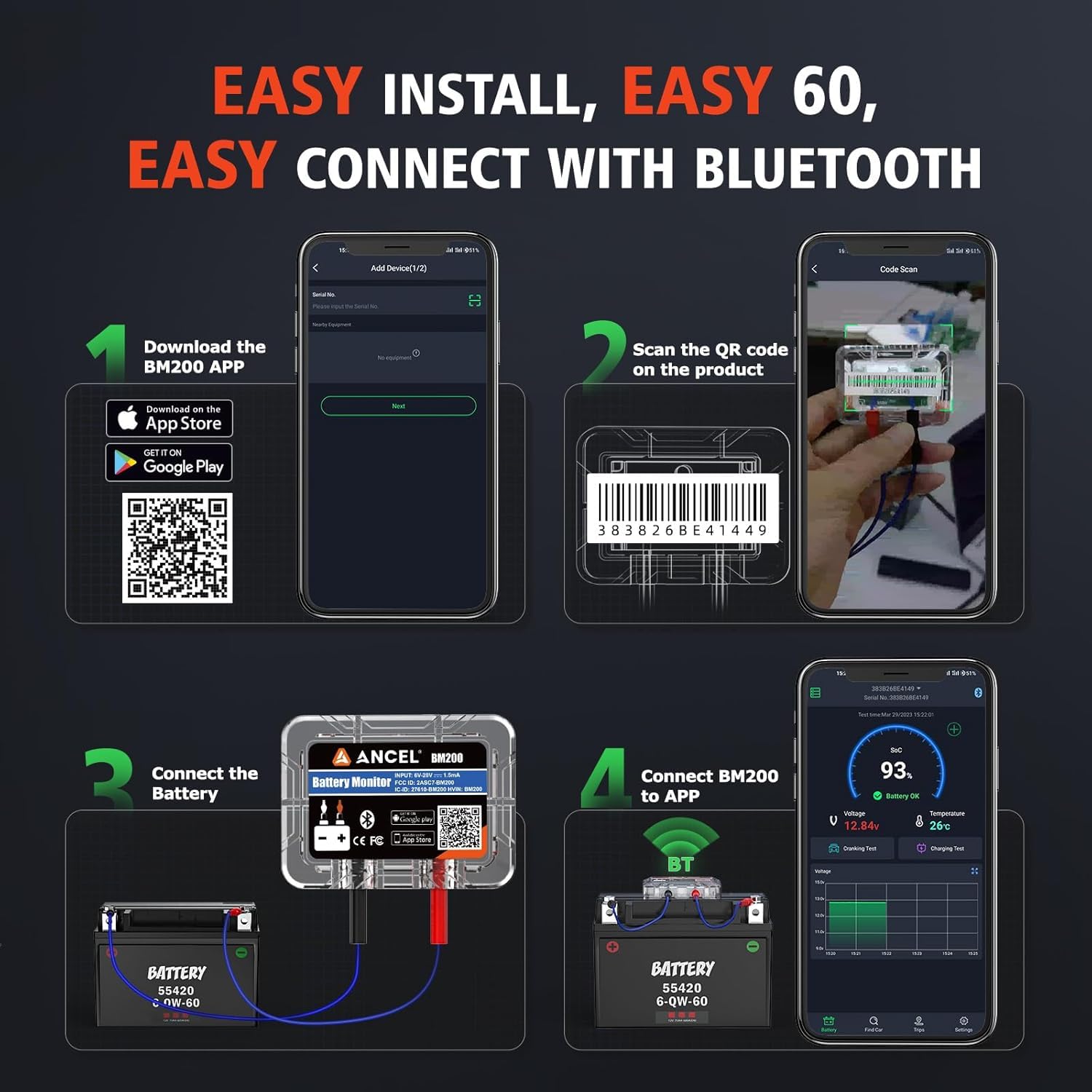 ANCEL BM200Blue Bluetooth 4.2 Moniteur de Batterie - Testeur de Batterie de Voiture 12V - Battery Monitor pour les Batteries au Lithium et Plomb-acide - avec test de charge et de démarrage Alarme