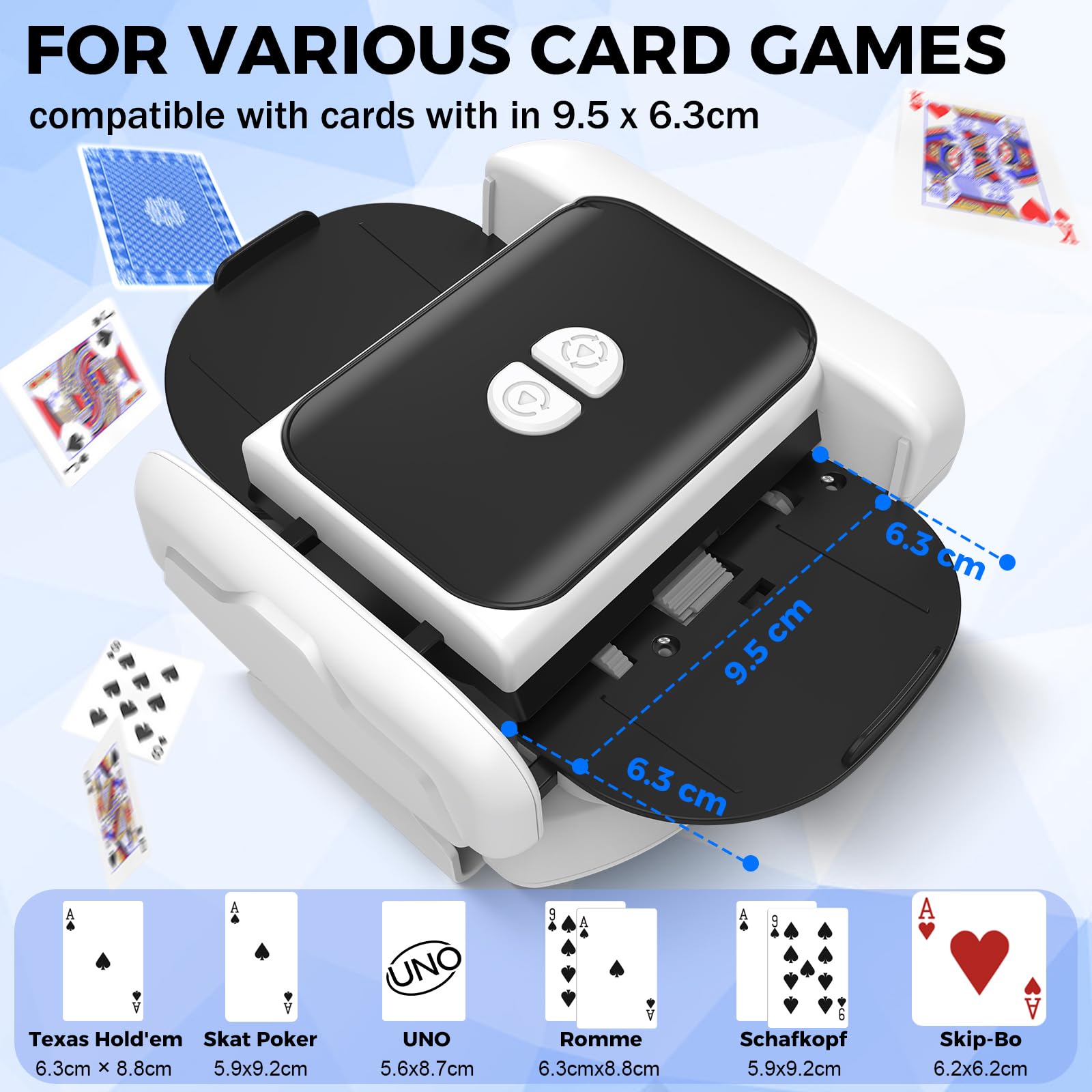 Feebee Mélangeur de Carte électronique - Automatique Mélangeur de Cartes à Jouer, USB Melangeur de Carte avec Rechargeable Batterie 2600 mAh, Maison Card Shuffler pour 1 à 2 Jeux de Poker Skyjo,UNO
