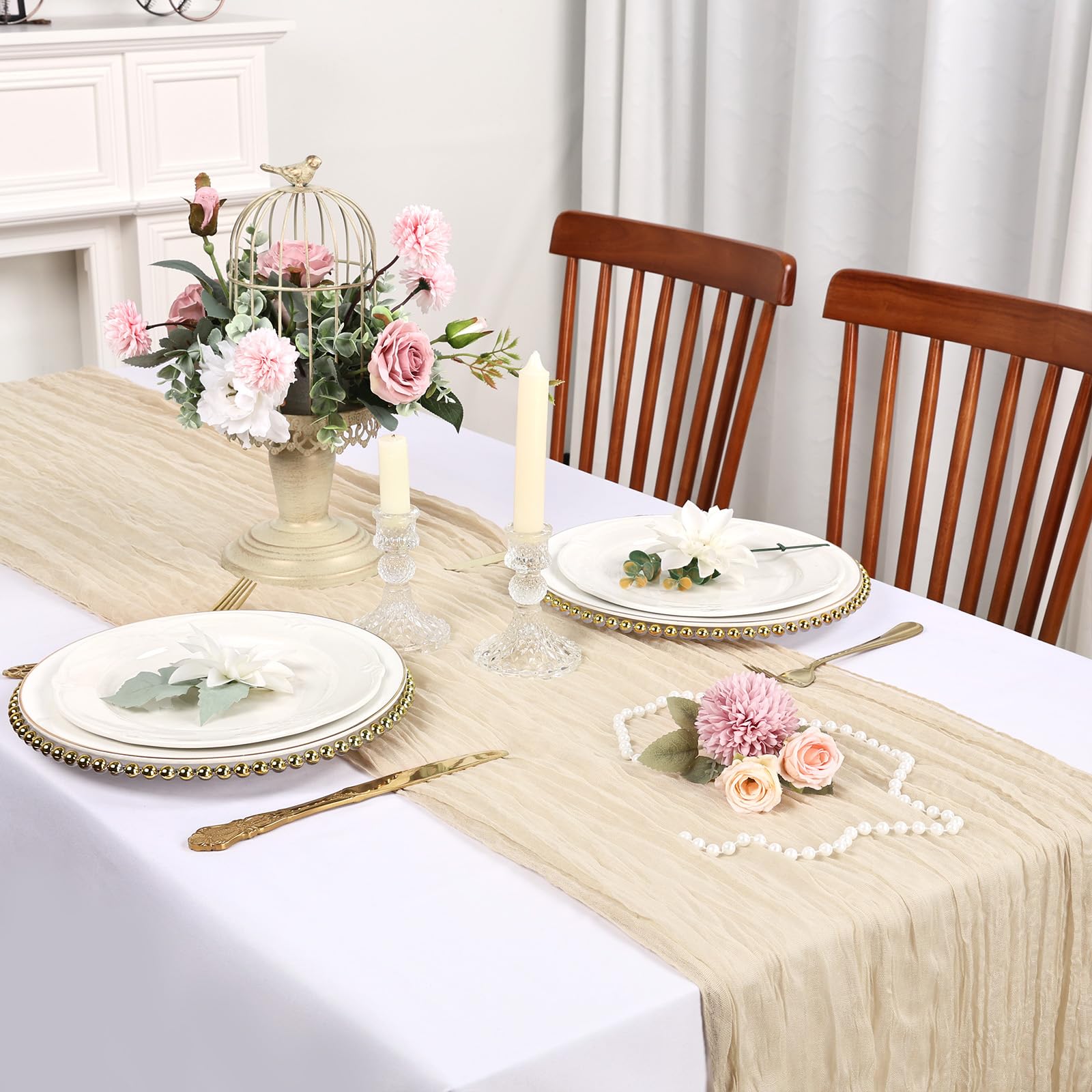 Confezione da 12 runner da tavola beige in garza, 3 m, in tessuto di garza, rustico, per autunno, Ringraziamento, matrimoni, compleanni, feste di nascita, decorazioni per la casa