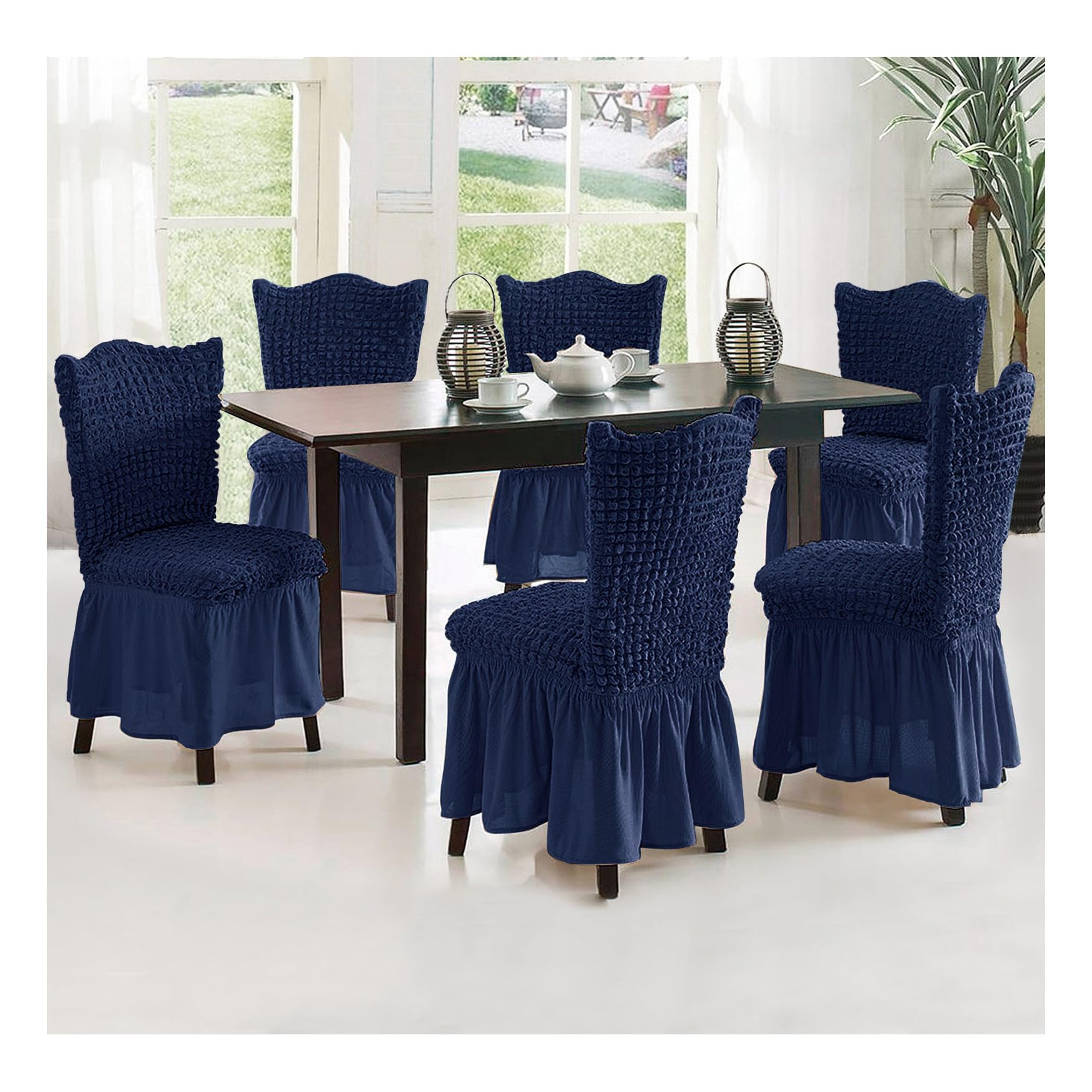 Fabienne Cotton Dining Chair Cover Set of 6 Pieces Elastic Stretchable, Dark Blue