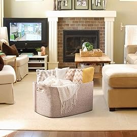 OIAHOMY XXLarge Rectangle Blanket Basket-96L, Cotton Woven Basket for Storage, Dirty Clothes Basket for Living Room, Nursery, Bedroom, Toy Organizing with Handle, 24 x 16 x 15,Brown variegated