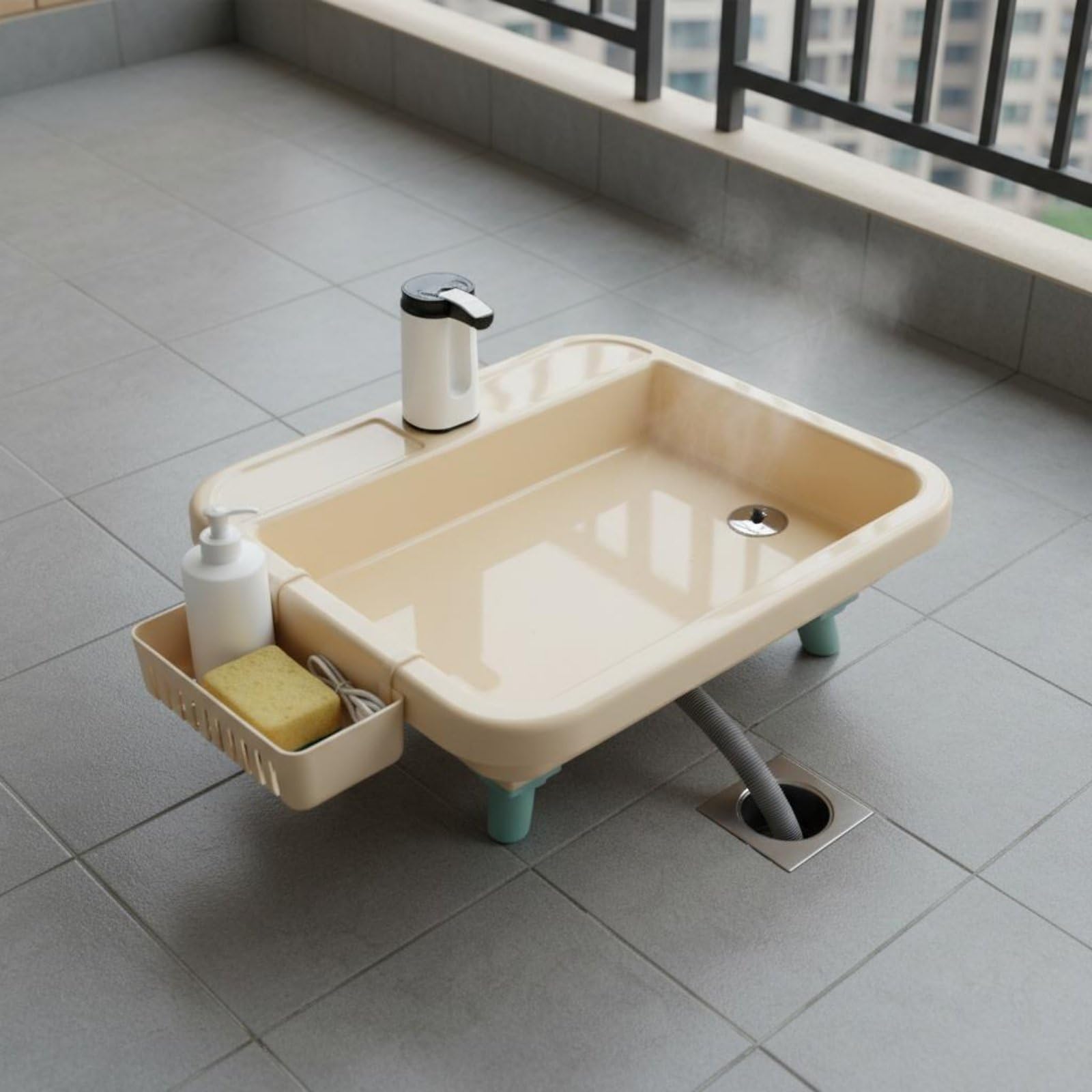 Lavabo Exterior Portátil Lavamanos Fregadero Estación de Lavado con Bomba Eléctrica y Grifo Cronometrado de 15s y 50s con Compartimentos para Jabón y, Blanco