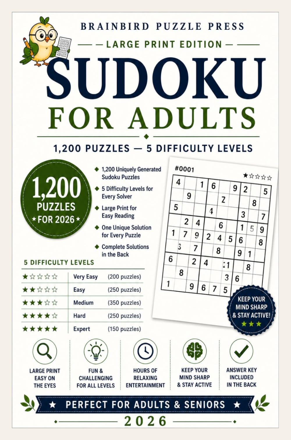 Sudoku for Adults: 1,200 Large Print Puzzles in 5 Difficulty Levels — Very Easy to Expert
