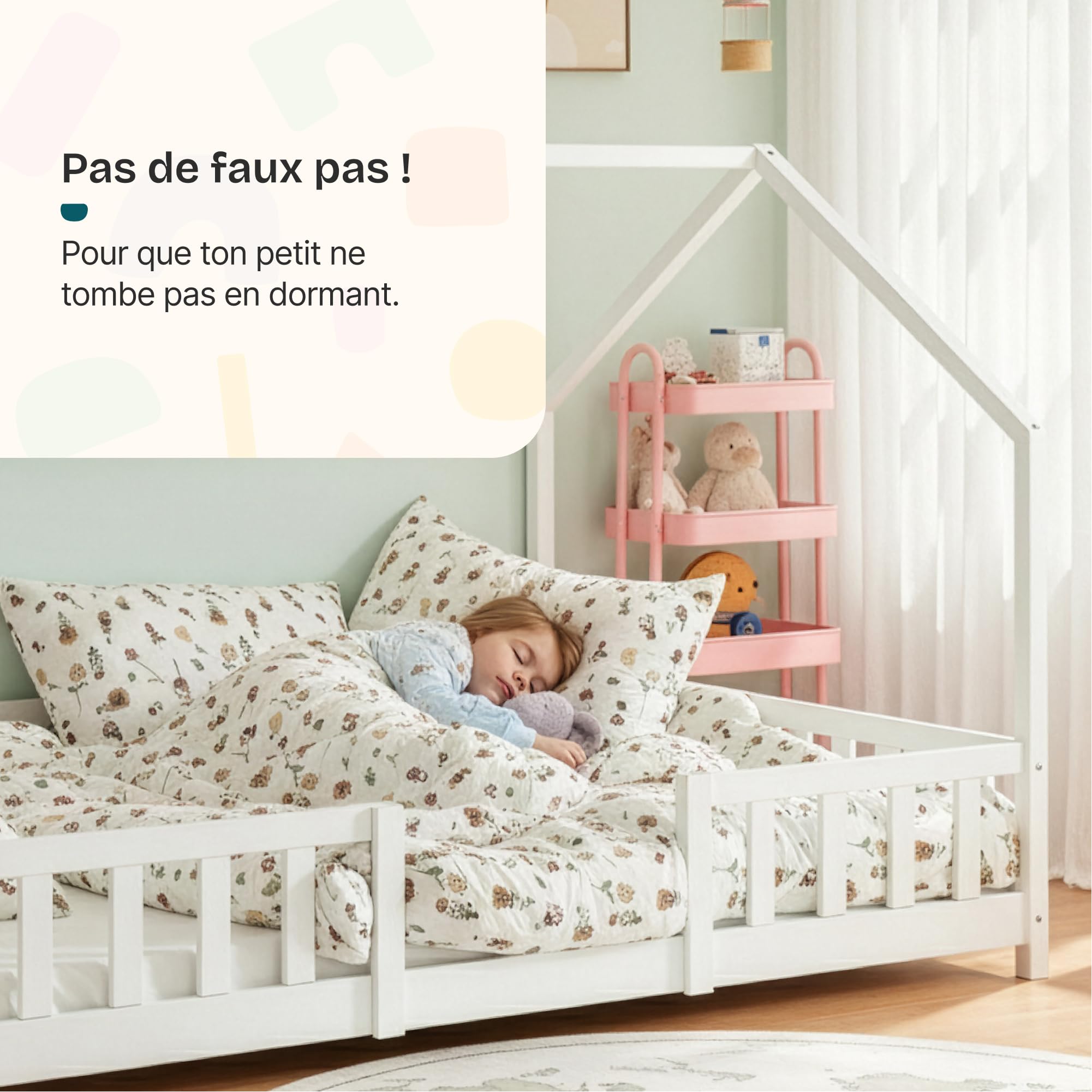 [en.casa] Lit Cabane avec Matelas à Mousse Froide Anti-Allergique Lit Enfant en Forme de Maison avec Sommier à Lattes Barrière de Sécurité Bois de Pin Contreplaqué 90 x 200 cm Blanc