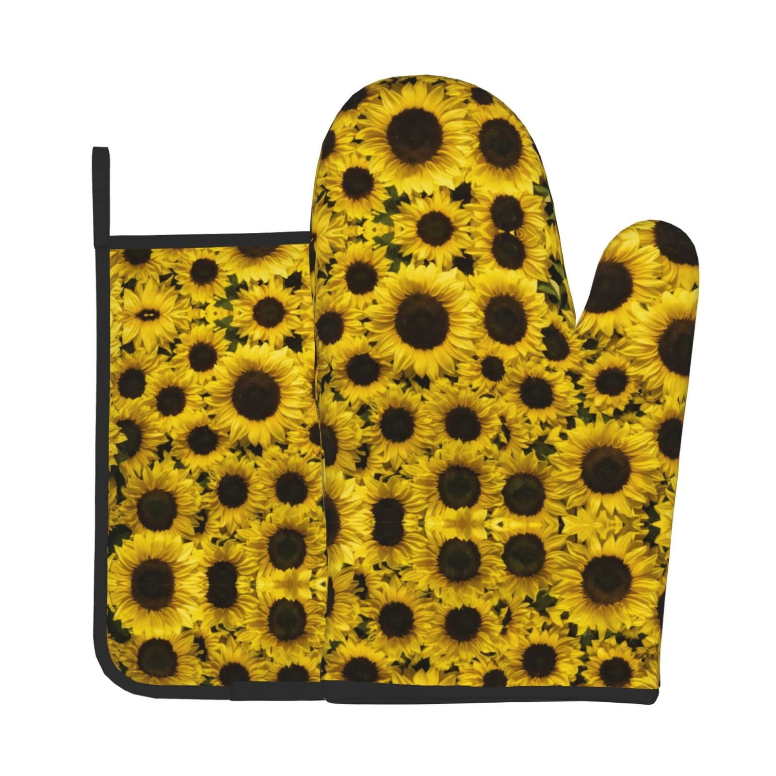 Yellow Sunflower Kitchen Baking Two-Piece Set,Multipurpose Oven Gloves,Used for Barbecue Kitchen Baking