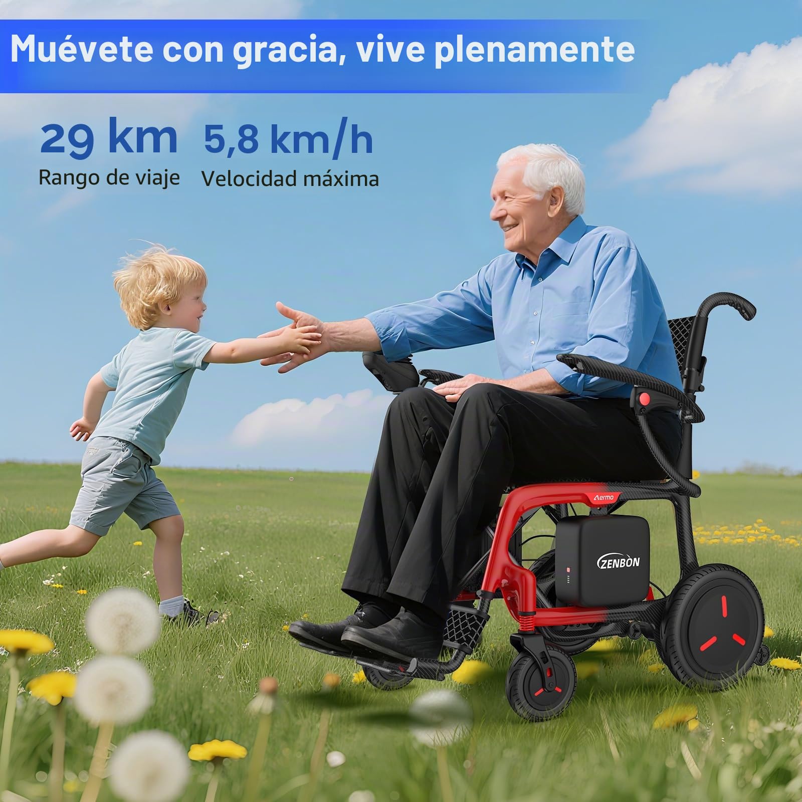 Carbono Silla de Ruedas Eléctrica Plegable Ligera con Doble Pila: 29 km Silla de Ruedas Eléctrica con Neumáticos a Prueba de Pinchazos, Hasta 150kg