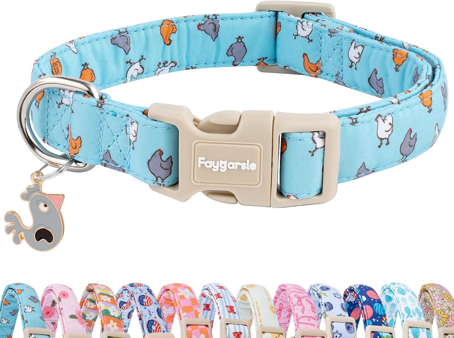Faygarsle Funny Chicken Pattern Dog Collar, Cotton Fabric, Light Blue with Farm Animal Print for Small Medium Large Dogs, L