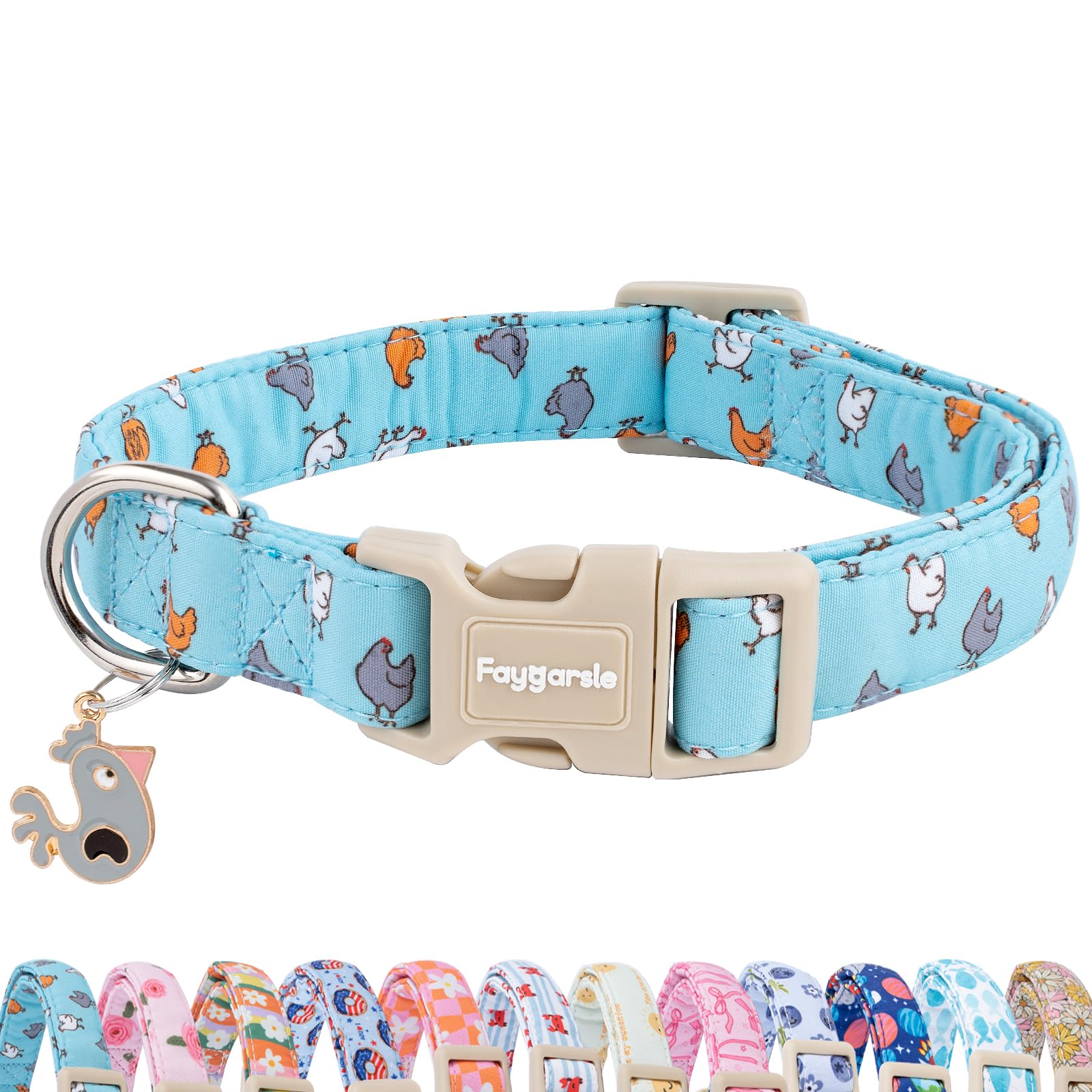 Faygarsle Funny Chicken Pattern Dog Collar, Cotton Fabric, Light Blue with Farm Animal Print for Small Medium Large Dogs L