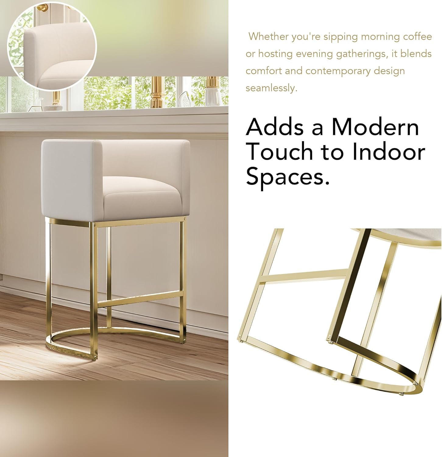 Golden Base Counter Stools Set of 4, Upholstered 26" Seat Height Modern High Bar Stools with Armrests for Home Pub,Linen Snow White/Polished Gold Metal Base