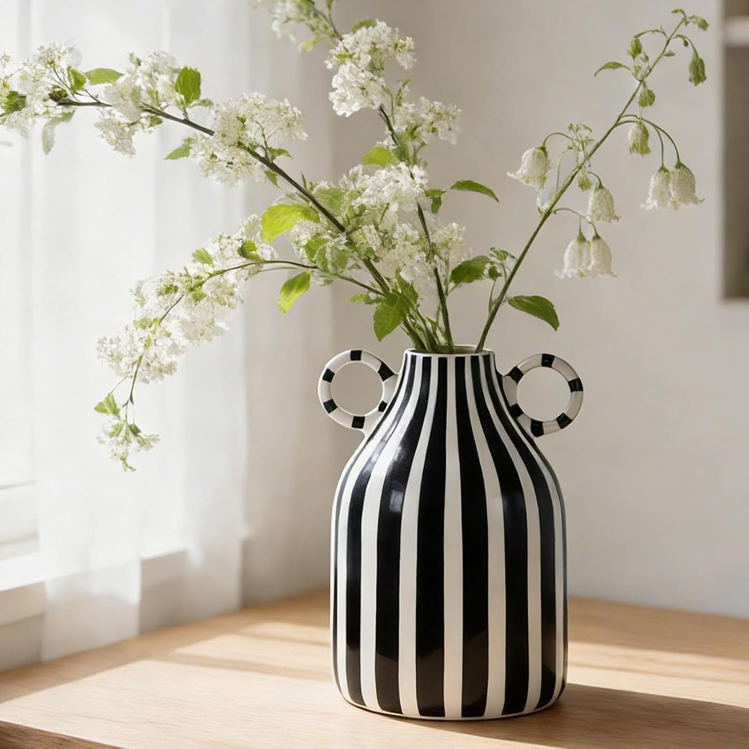 Modern Black and White Decor Striped Vase – Minimalist Funky Boho Home Accent Vase for Living Room Coffee Table Centerpiece, Office, Bookshelf, and Windowsill (B)