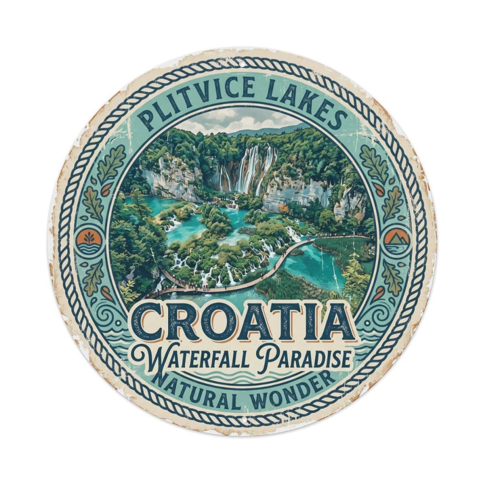 Vintage Travel Plitvice Waterfalls Croatia Metal Tin Sign Plaque Wall Decor for Cafe, Club, Garden Round Metal Poster 8x8Inch