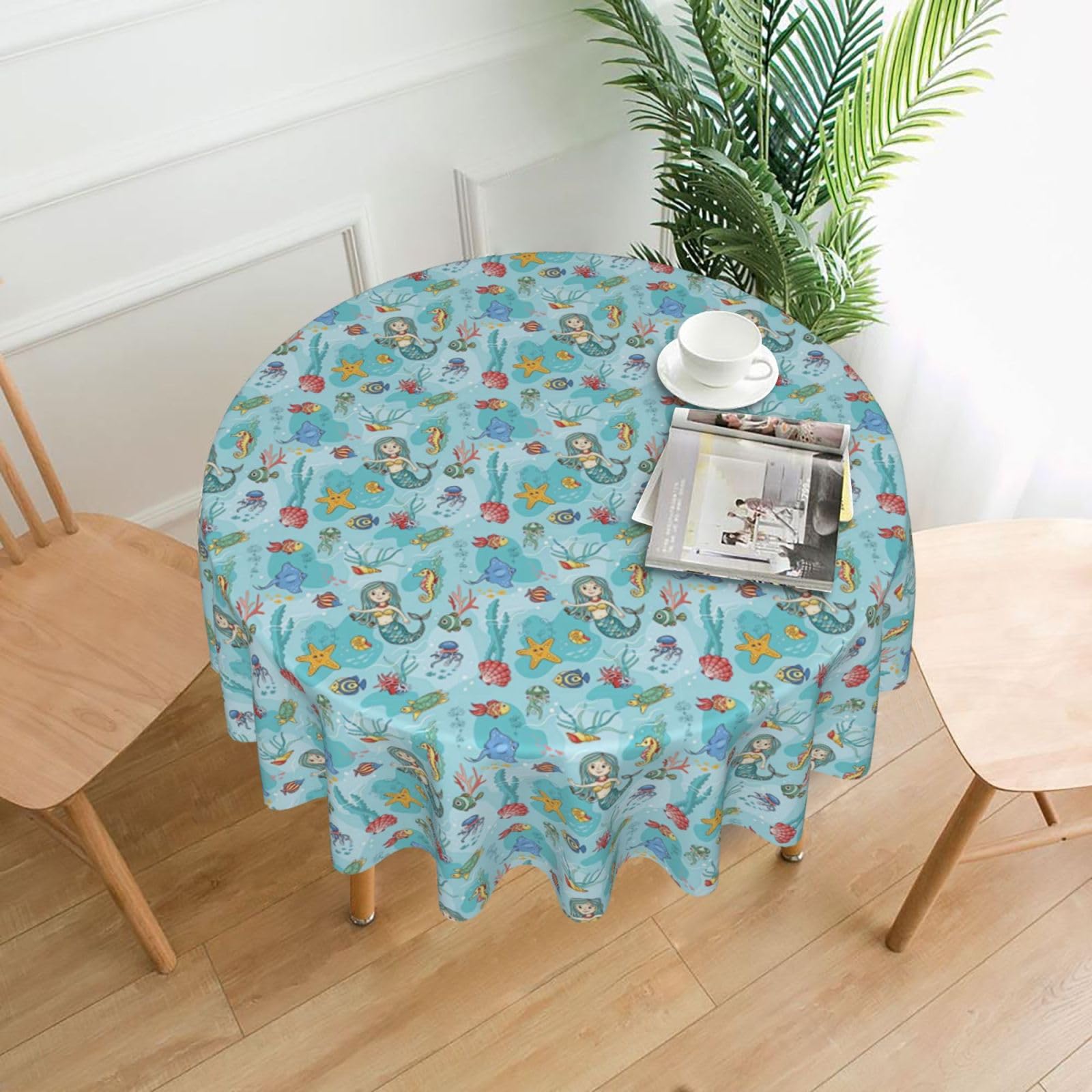 YYHWHJDE Mermaid Tropical Jellyfish Goldfish Cheering Seahorse Prints 60in Round Decorative Tablecloth – High-Grade Polyester Throw for Stylish Dining & Event Table Protection