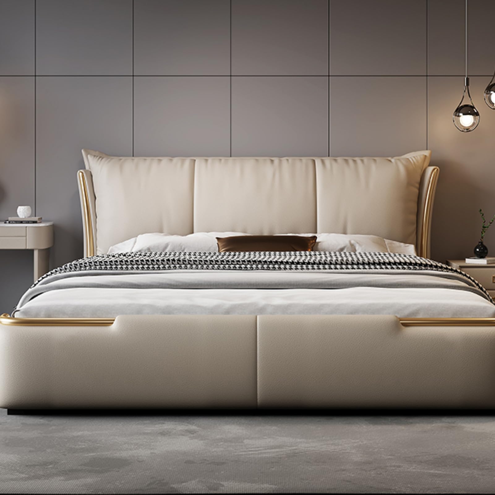 King Size Genuine Leather Bed Upholstered Platform Bed Frame with Headboard and Lift Up Storage No Box Spring