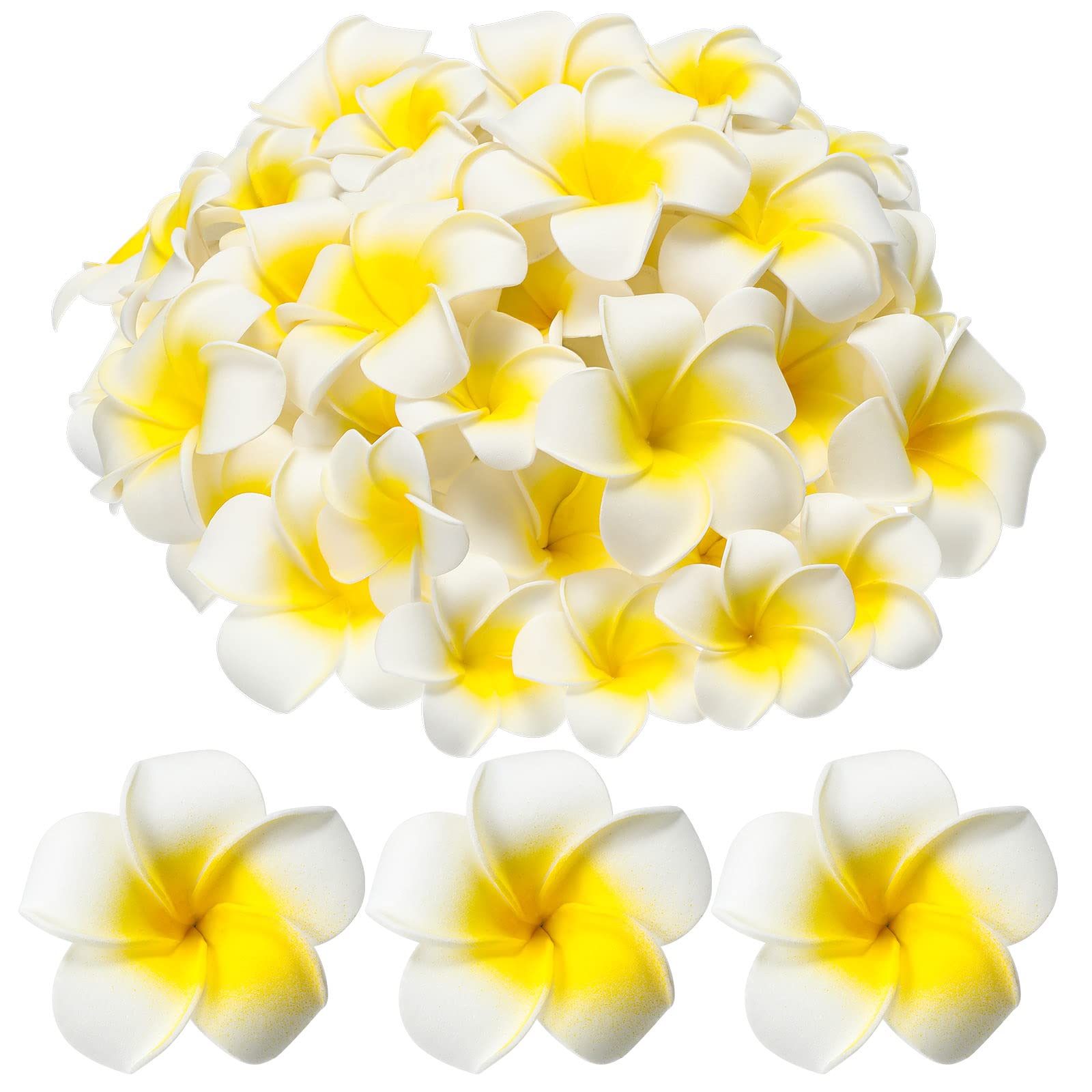 Crowye 120 Pieces 2.4 Inches Artificial Plumeria Flower White Foam Hawaiian Frangipani Petals Cap Hair Hat Wreath Floral DIY Crafts for Home Beach Wedding Party Decoration, White